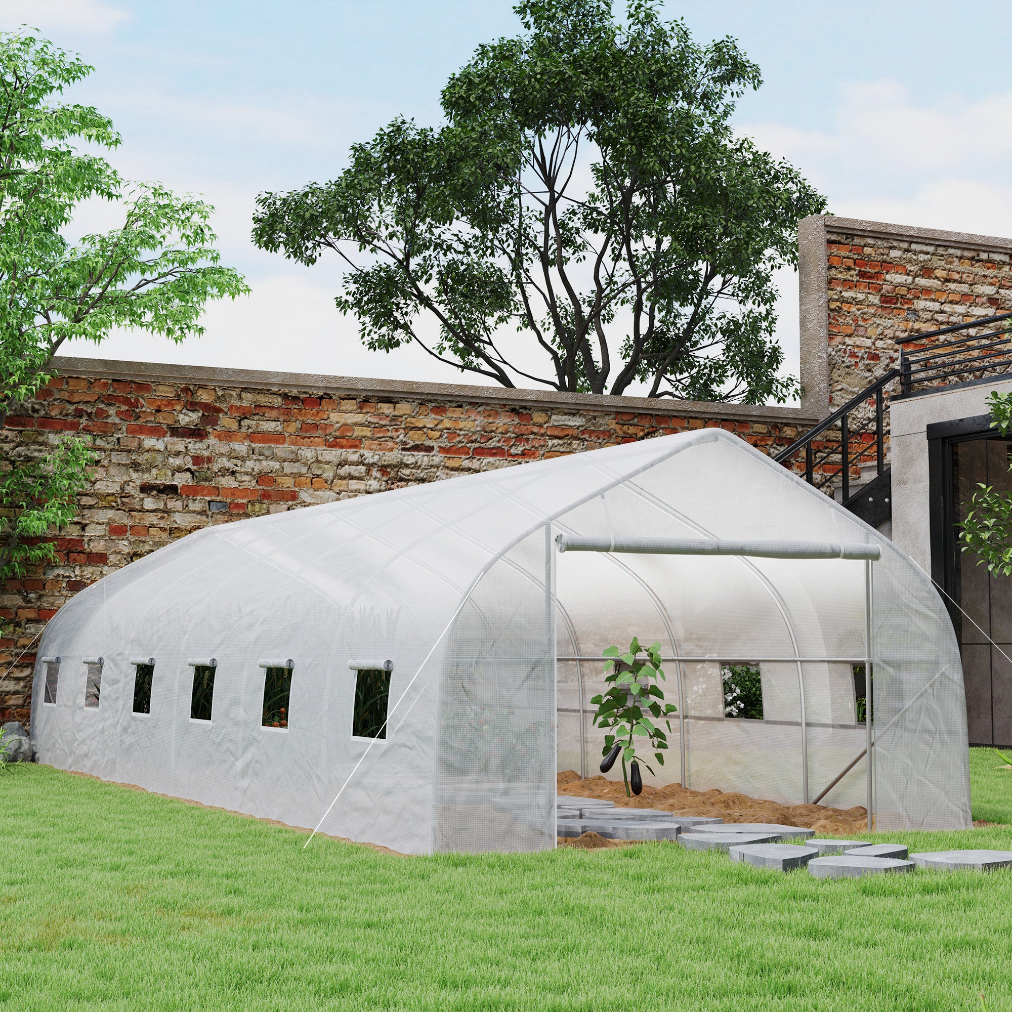 Tunnel Greenhouse 24 sqm with PE Cover Galvanized Steel Frame Ø 24 mm 12 Green Windows and Roller Door 8 x 3 x 2 m White