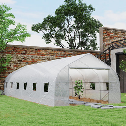 Tunnel Greenhouse 24 sqm with PE Cover Galvanized Steel Frame Ø 24 mm 12 Green Windows and Roller Door 8 x 3 x 2 m White