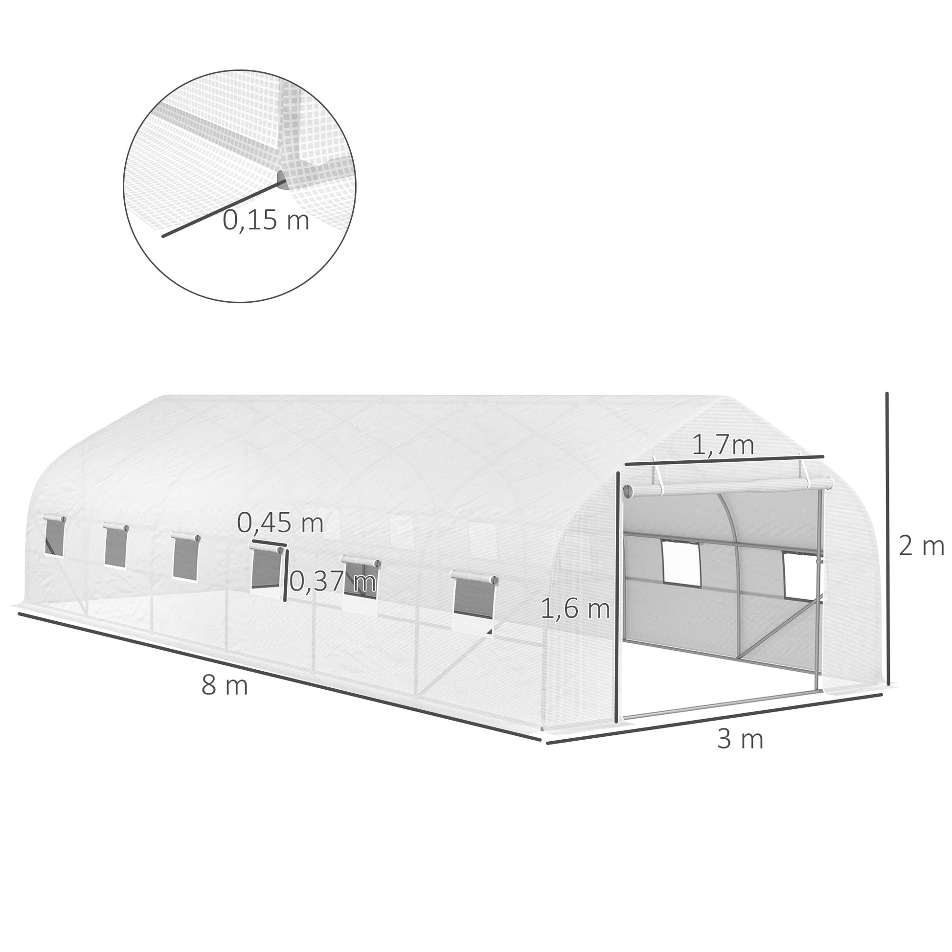 Tunnel Greenhouse 24 sqm with PE Cover Galvanized Steel Frame Ø 24 mm 12 Green Windows and Roller Door 8 x 3 x 2 m White