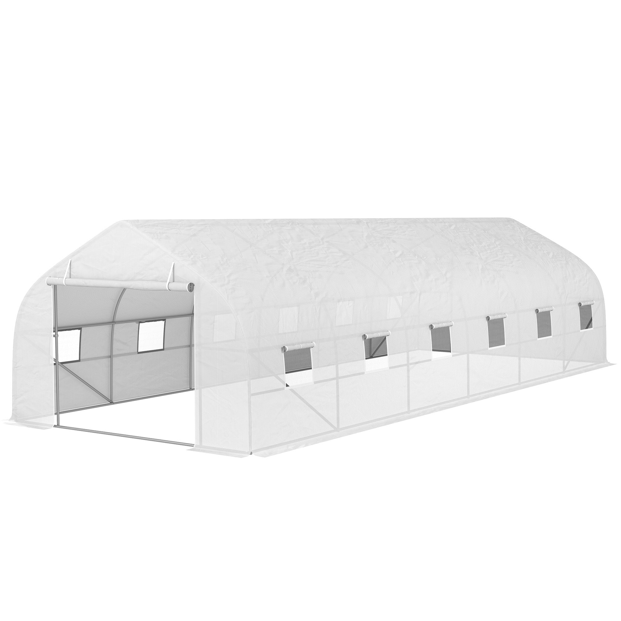 Tunnel Greenhouse 24 sqm with PE Cover Galvanized Steel Frame Ø 24 mm 12 Green Windows and Roller Door 8 x 3 x 2 m White