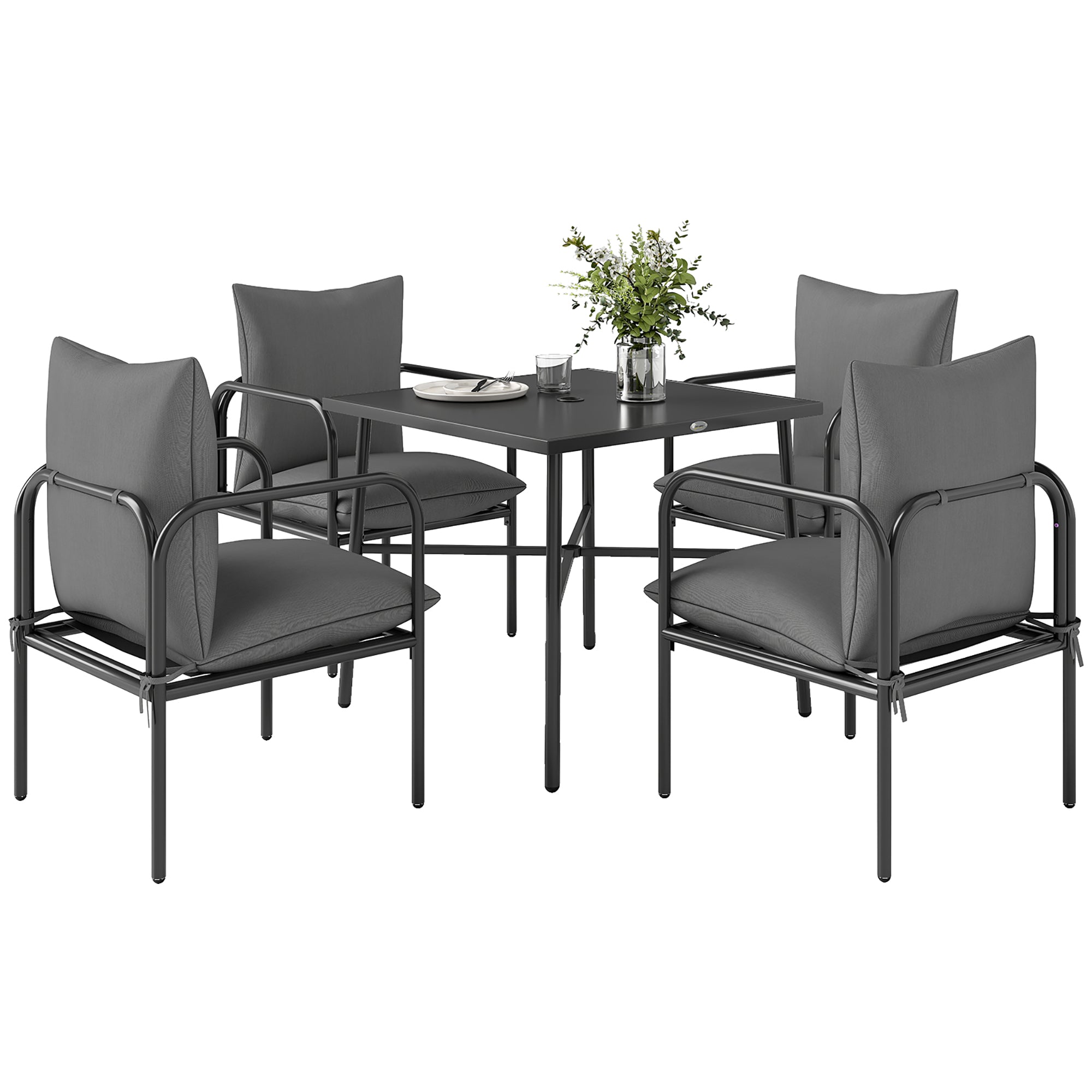 5-Piece Garden Table and Chairs Set, Outdoor Set with 4 Chairs with Washable Cushions and Table with Central Hole for Umbrella, Steel Garden Lounge, Gray