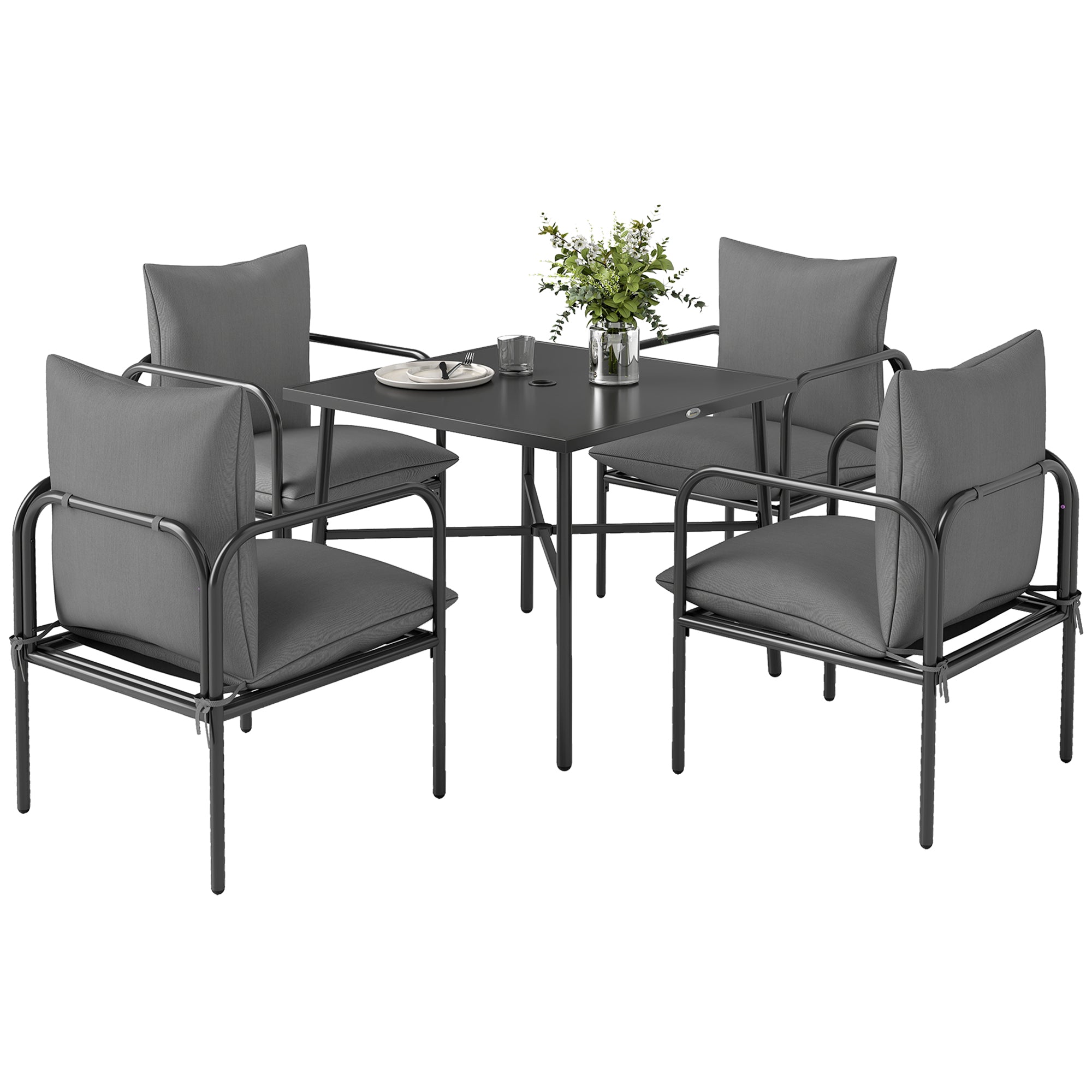 5-Piece Garden Table and Chairs Set, Outdoor Set with 4 Chairs with Washable Cushions and Table with Central Hole for Umbrella, Steel Garden Lounge, Gray
