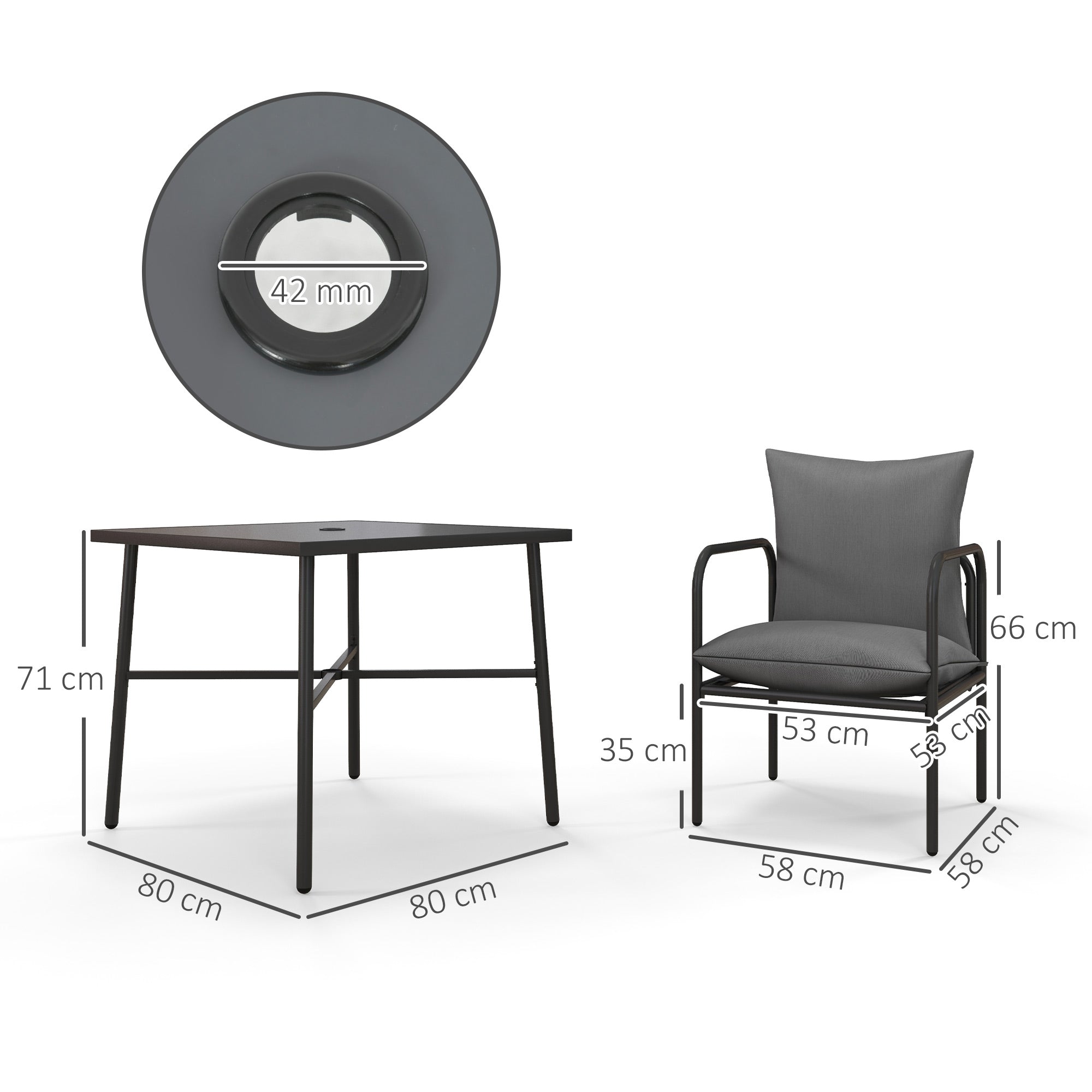 5-Piece Garden Table and Chairs Set, Outdoor Set with 4 Chairs with Washable Cushions and Table with Central Hole for Umbrella, Steel Garden Lounge, Gray