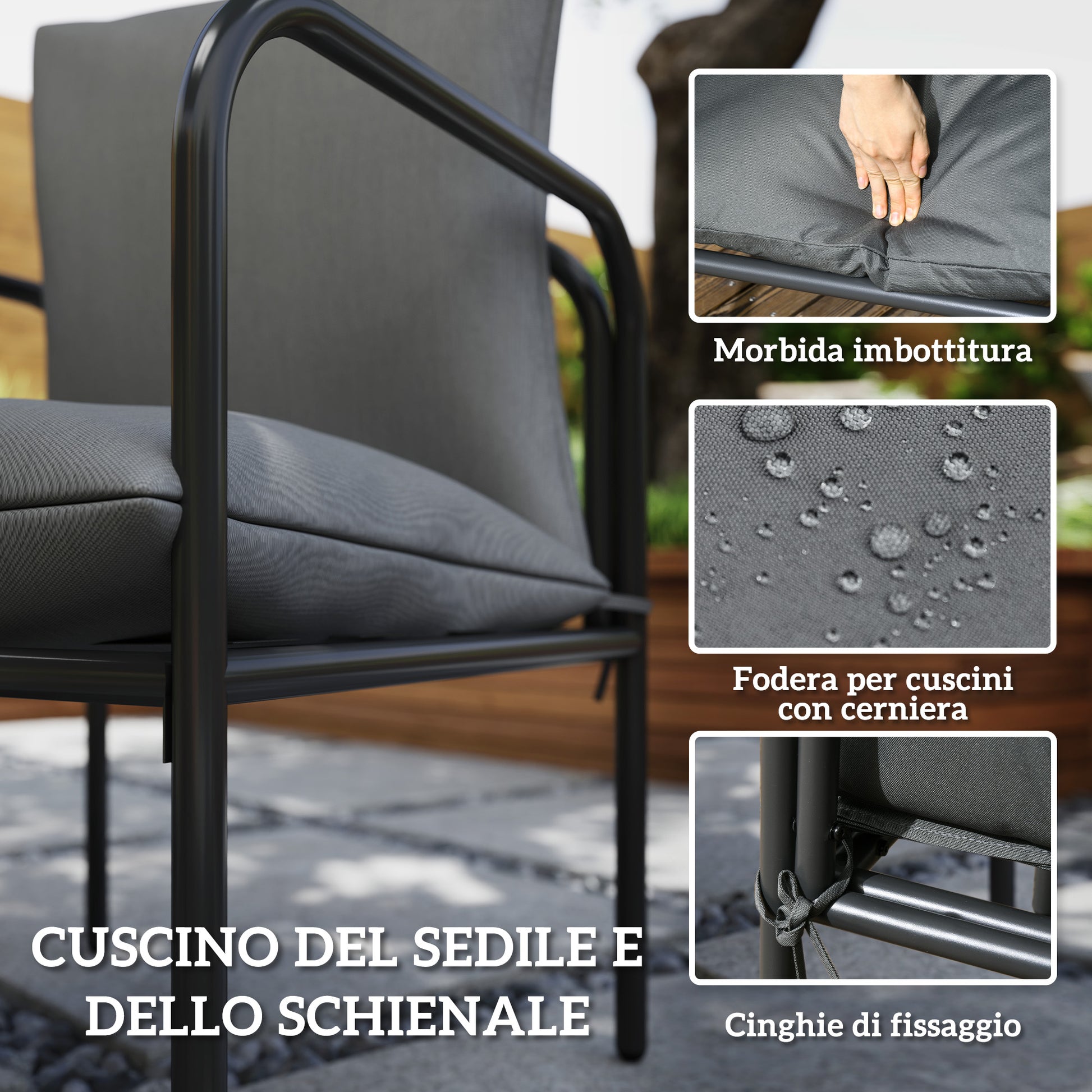 5-Piece Garden Table and Chairs Set, Outdoor Set with 4 Chairs with Washable Cushions and Table with Central Hole for Umbrella, Steel Garden Lounge, Gray