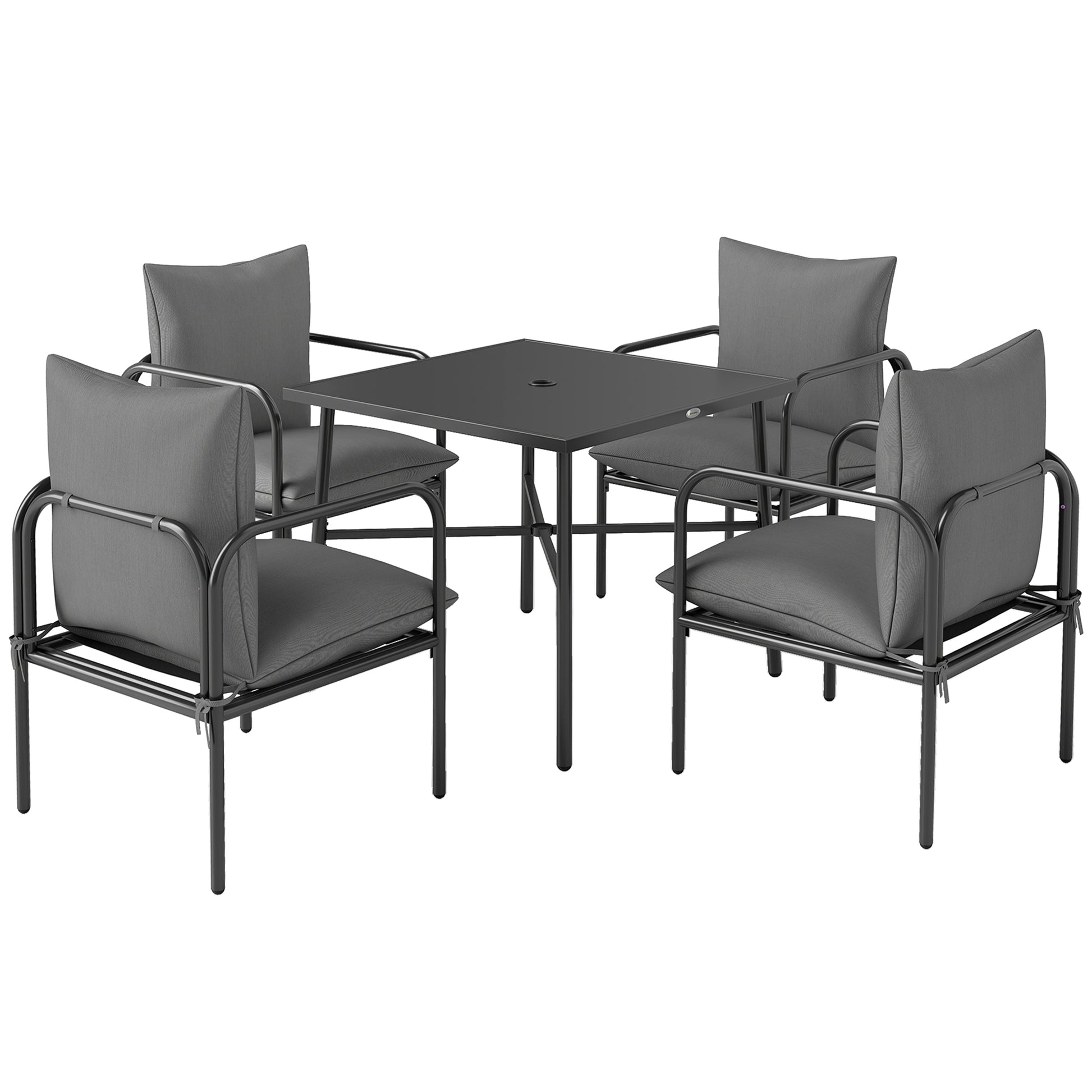 5-Piece Garden Table and Chairs Set, Outdoor Set with 4 Chairs with Washable Cushions and Table with Central Hole for Umbrella, Steel Garden Lounge, Gray