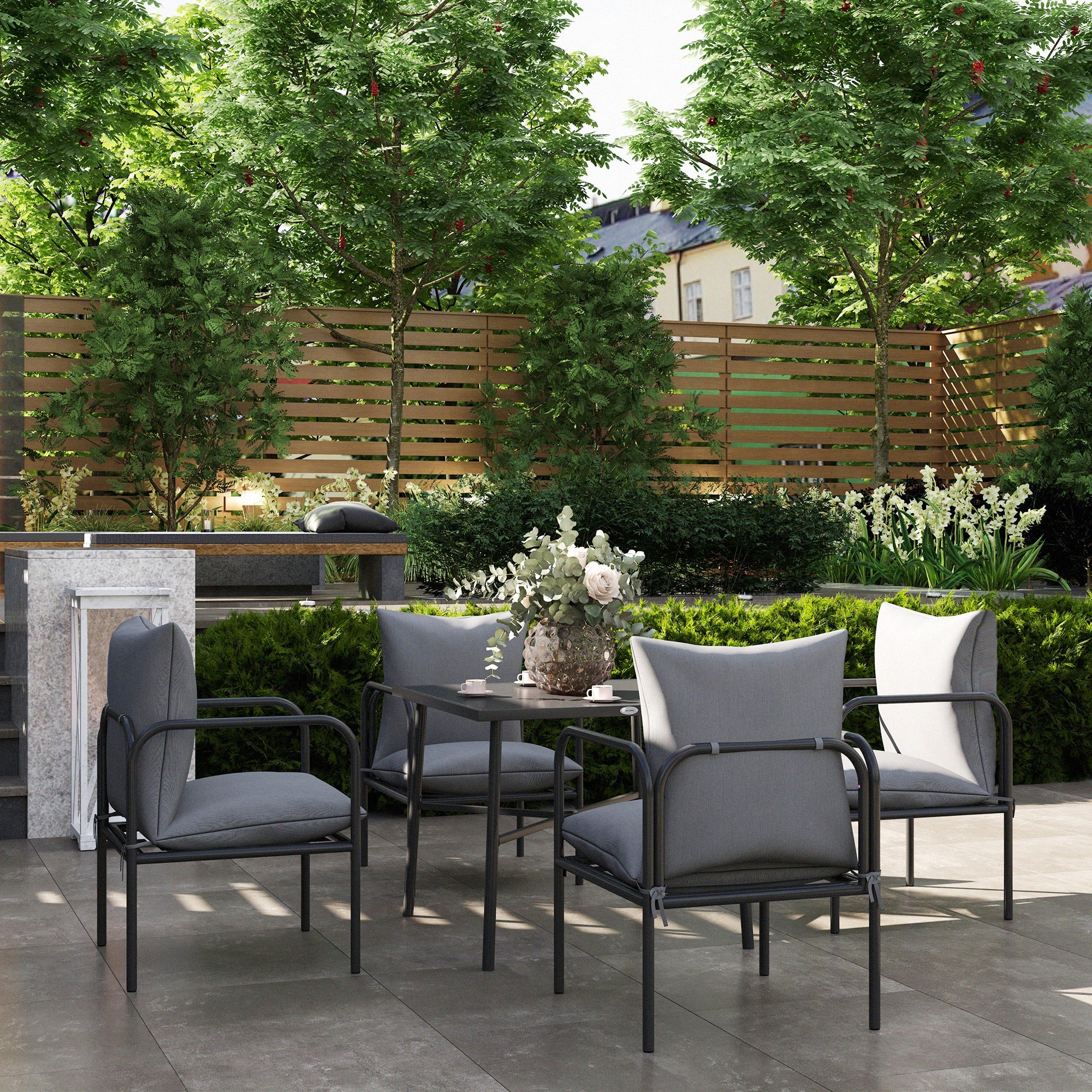 5-Piece Garden Table and Chairs Set, Outdoor Set with 4 Chairs with Washable Cushions and Table with Central Hole for Umbrella, Steel Garden Lounge, Gray