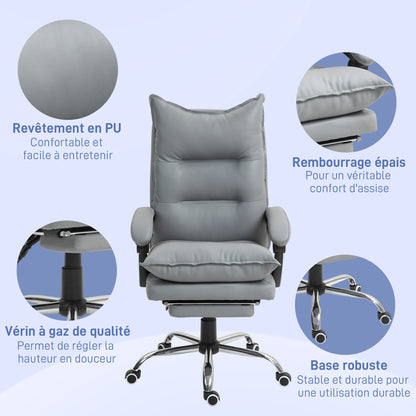 Office Chair, Ergonomic Desk Chair in Faux Leather with Wide Padded Seat, Reclining Backrest, Adjustable Height, Integrated Armrests and Footrest, 135 Kg Weight Capacity, Light Gray