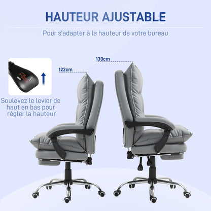 Office Chair, Ergonomic Desk Chair in Faux Leather with Wide Padded Seat, Reclining Backrest, Adjustable Height, Integrated Armrests and Footrest, 135 Kg Weight Capacity, Light Gray