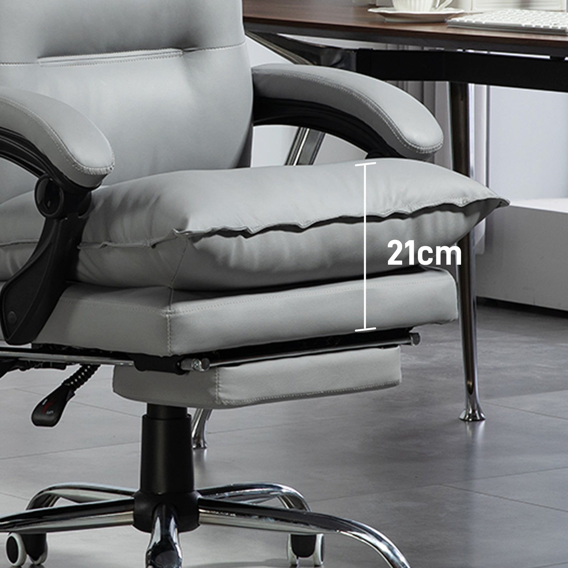 Office Chair, Ergonomic Desk Chair in Faux Leather with Wide Padded Seat, Reclining Backrest, Adjustable Height, Integrated Armrests and Footrest, 135 Kg Weight Capacity, Light Gray