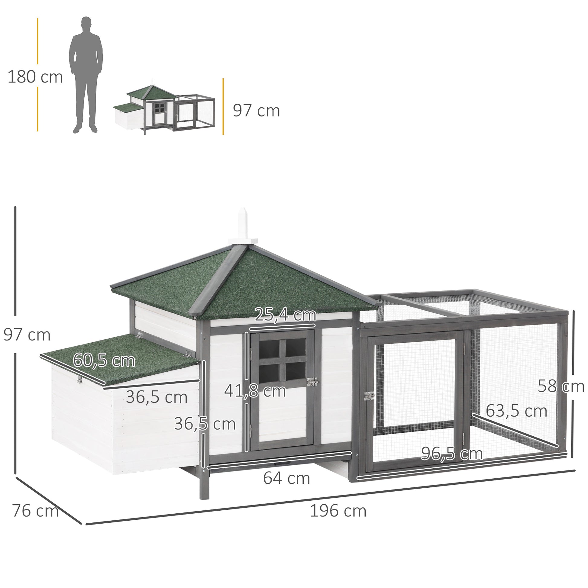 Chicken Coop for Bantam Chickens 196 x 76 x 97 cm Chicken House with Nesting Box, Run & Perch, Wooden Small Animal House, Gray