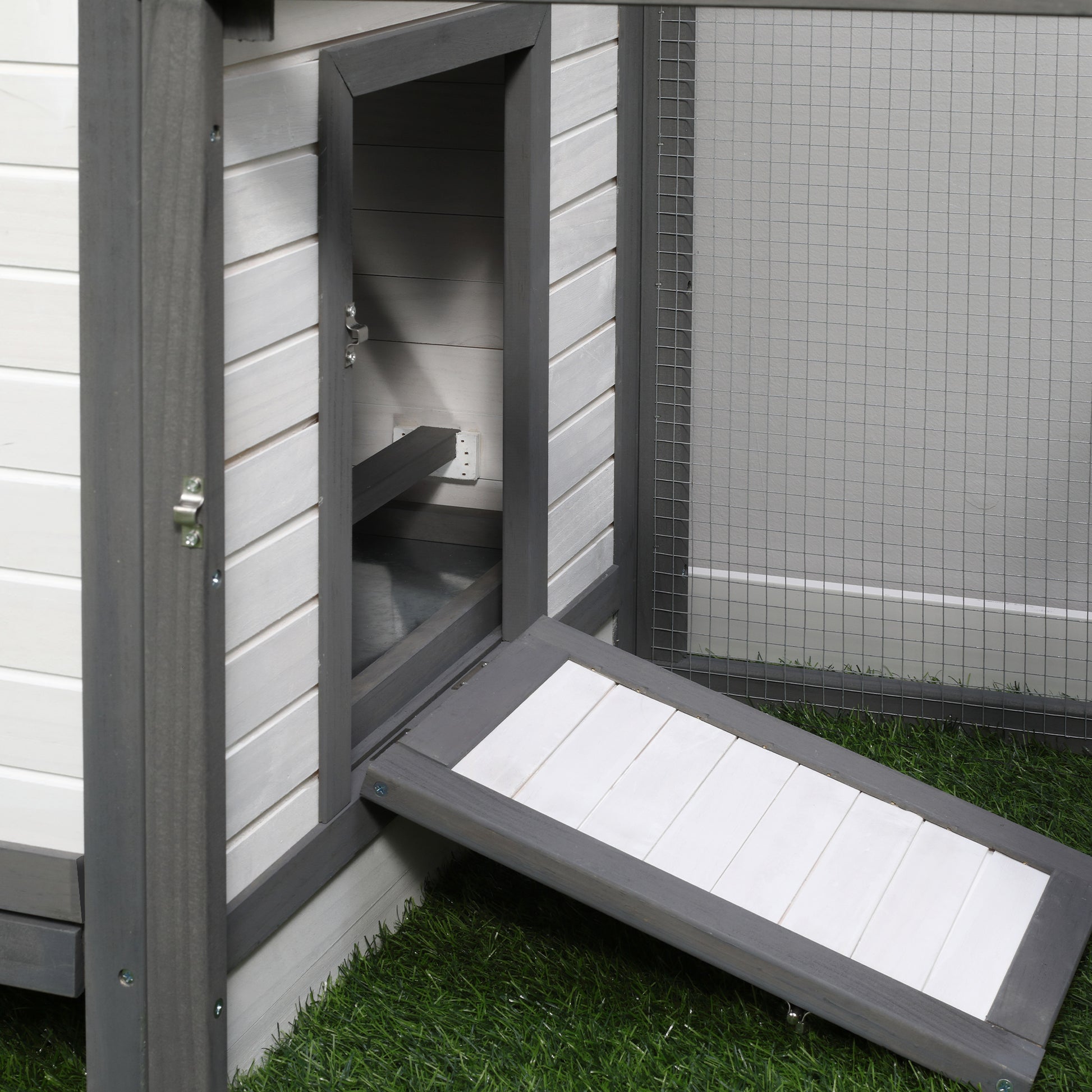 Chicken Coop for Bantam Chickens 196 x 76 x 97 cm Chicken House with Nesting Box, Run & Perch, Wooden Small Animal House, Gray
