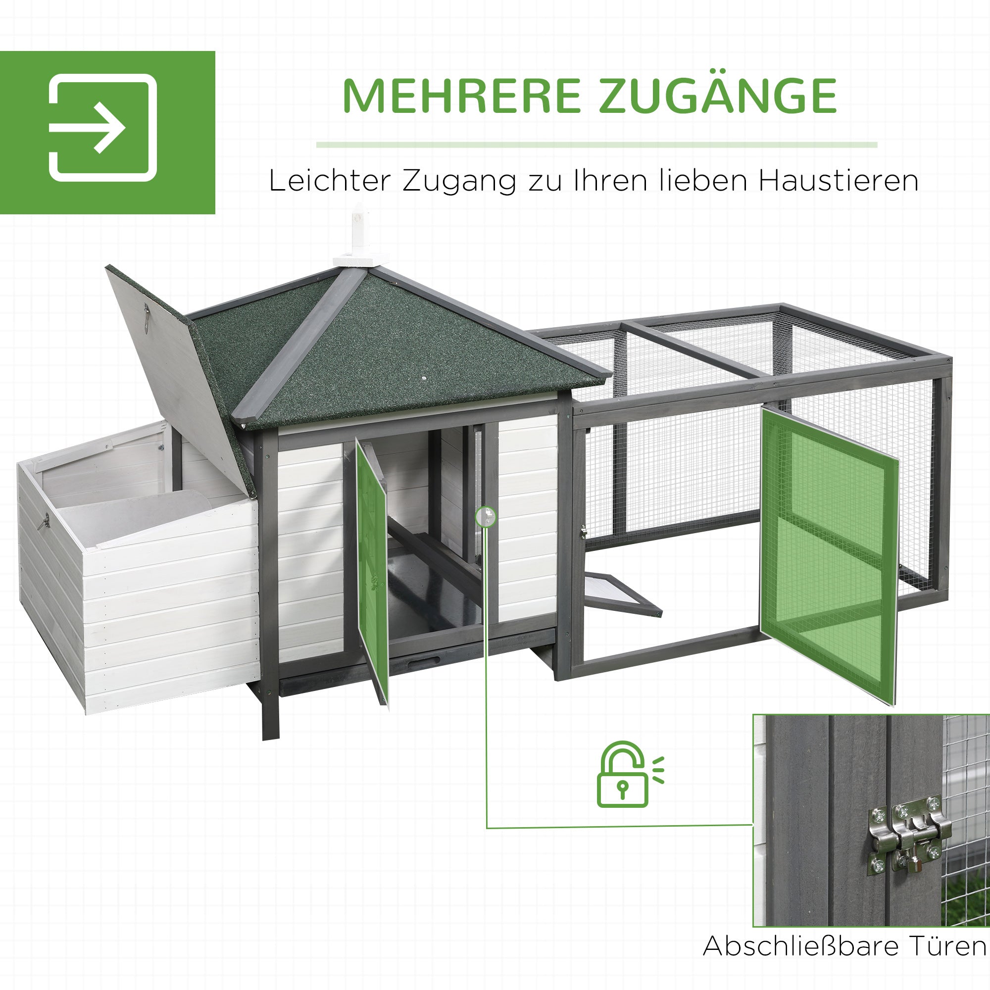 Chicken Coop for Bantam Chickens 196 x 76 x 97 cm Chicken House with Nesting Box, Run & Perch, Wooden Small Animal House, Gray