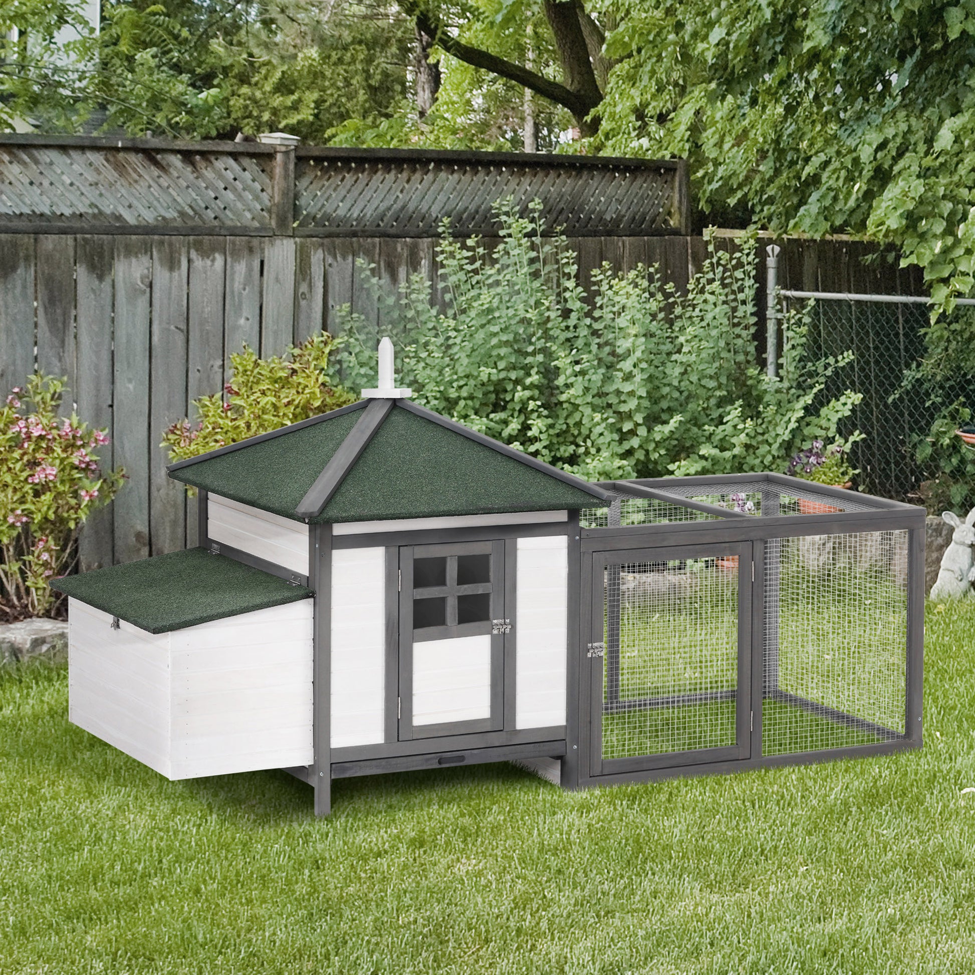 Chicken Coop for Bantam Chickens 196 x 76 x 97 cm Chicken House with Nesting Box, Run & Perch, Wooden Small Animal House, Gray