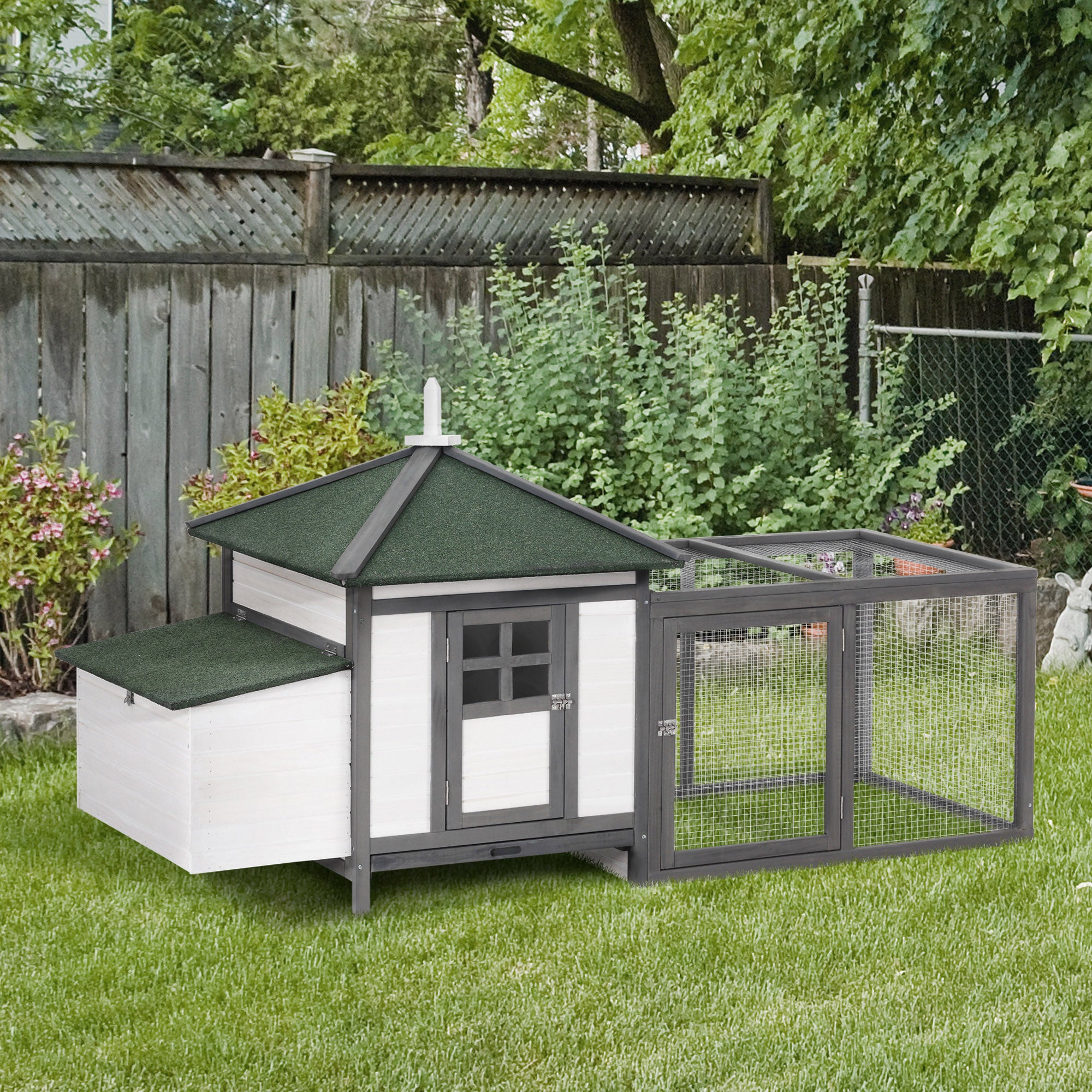 Chicken Coop for Bantam Chickens 196 x 76 x 97 cm Chicken House with Nesting Box, Run & Perch, Wooden Small Animal House, Gray