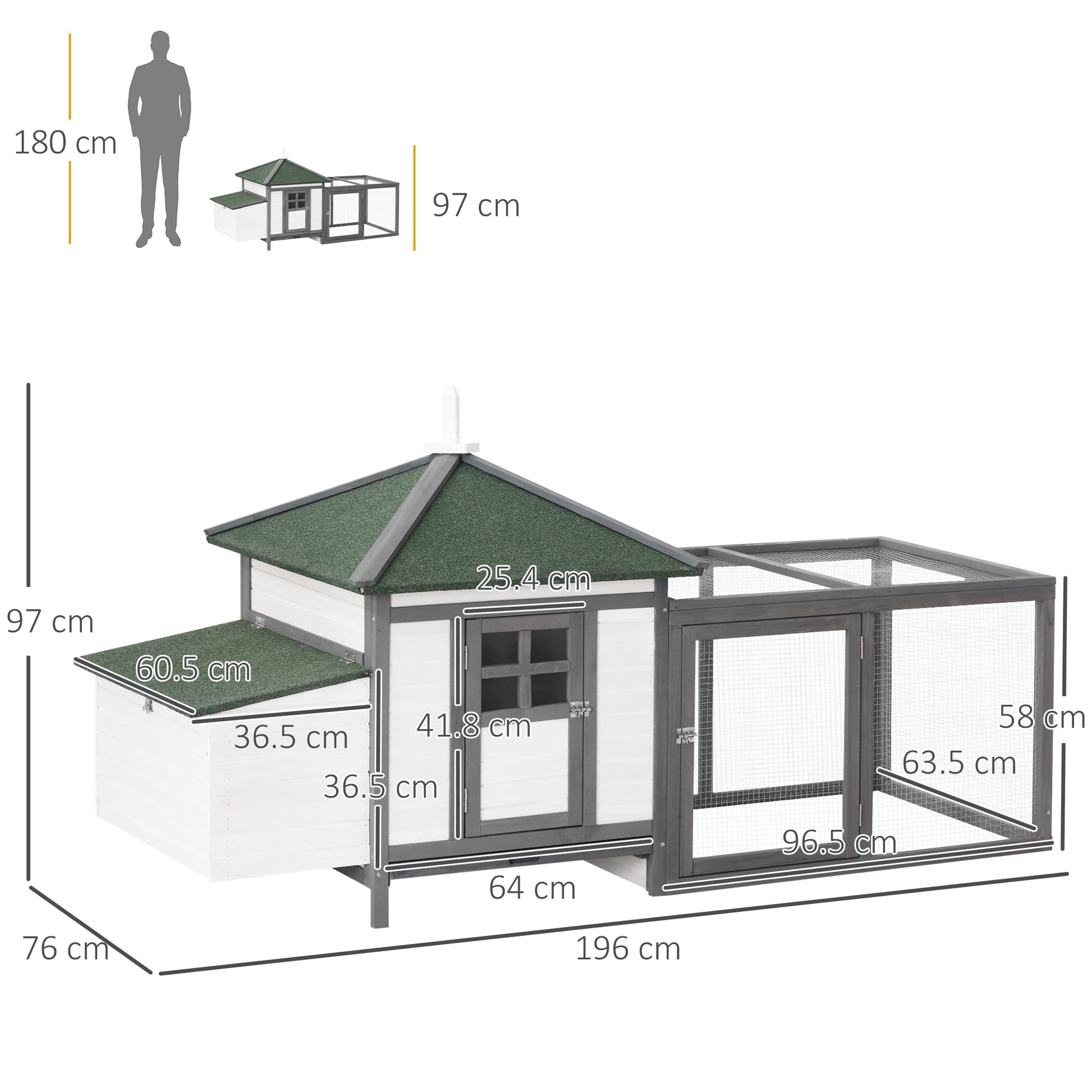 Chicken Coop for Bantam Chickens 196 x 76 x 97 cm Chicken House with Nesting Box, Run & Perch, Wooden Small Animal House, Gray