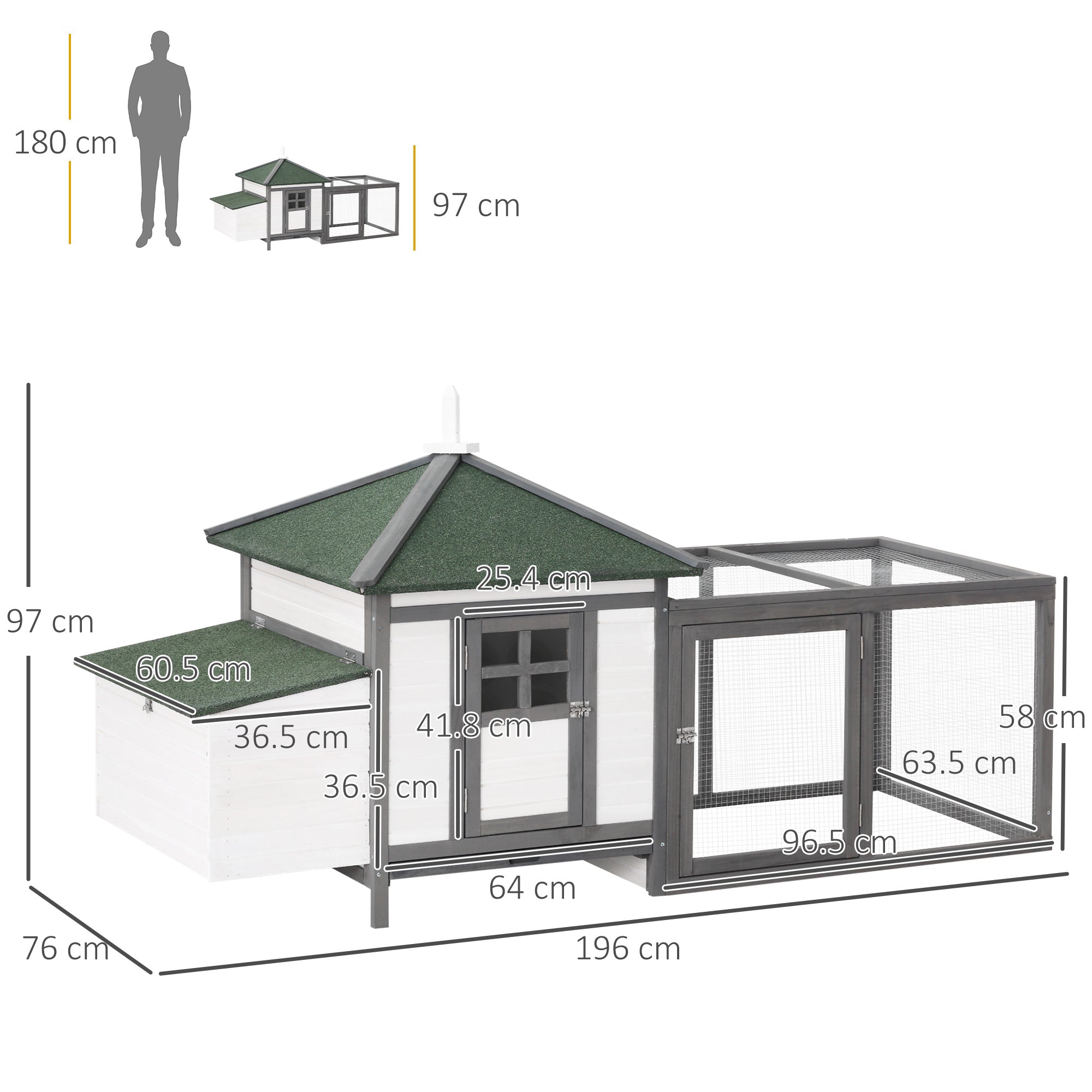 Chicken Coop for Bantam Chickens 196 x 76 x 97 cm Chicken House with Nesting Box, Run & Perch, Wooden Small Animal House, Gray
