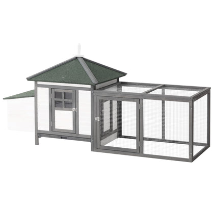 Chicken Coop for Bantam Chickens 196 x 76 x 97 cm Chicken House with Nesting Box, Run & Perch, Wooden Small Animal House, Gray