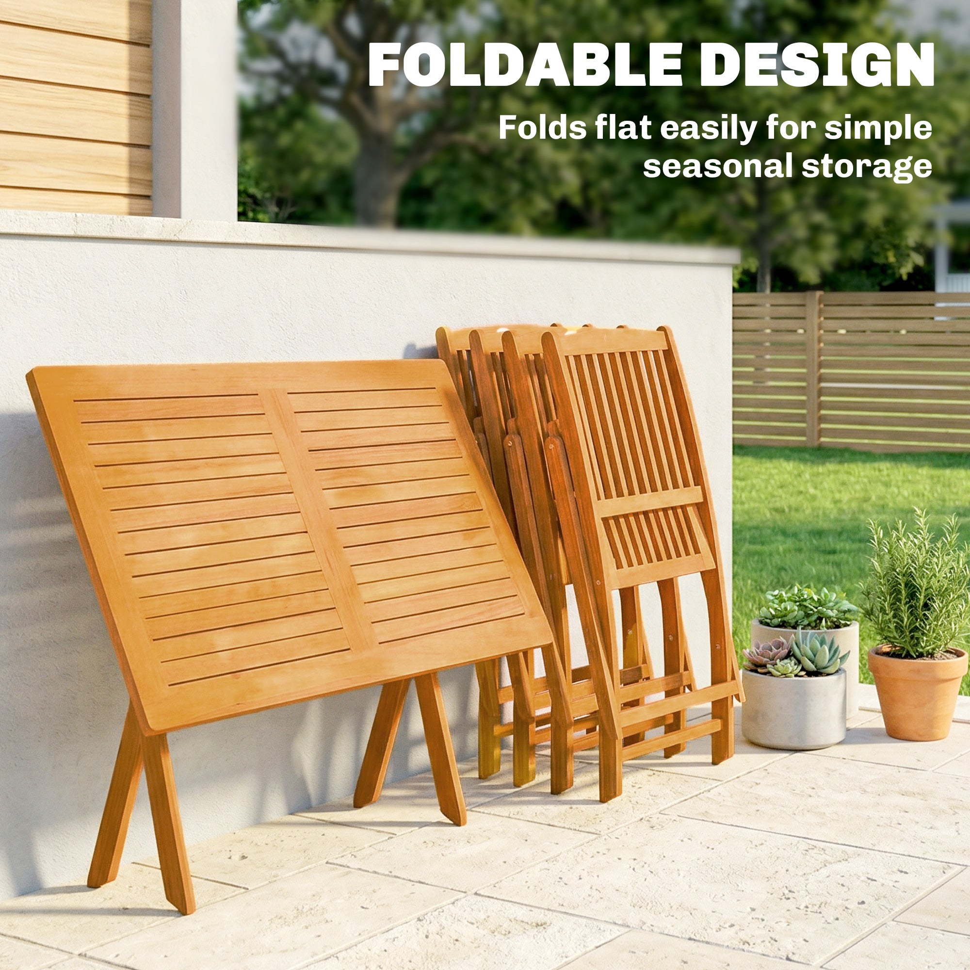 5-Piece Folding Acacia Wood Garden Dining Set – FSC-Certified, Slatted Table + 4 Foldable Chairs, Weather-Resistant (Natural)