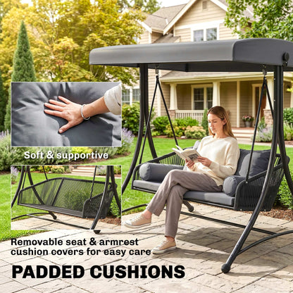 Rattan Hollywood Swing — 2-Seater Patio Bench with Adjustable Canopy & Cushions, A-Frame, Supports 529 lb, 70.1 x 47.2 x 67.7 in (Dark Gray)