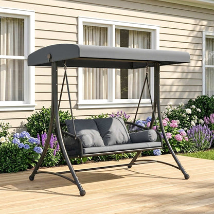 Rattan Hollywood Swing — 2-Seater Patio Bench with Adjustable Canopy & Cushions, A-Frame, Supports 529 lb, 70.1 x 47.2 x 67.7 in (Dark Gray)