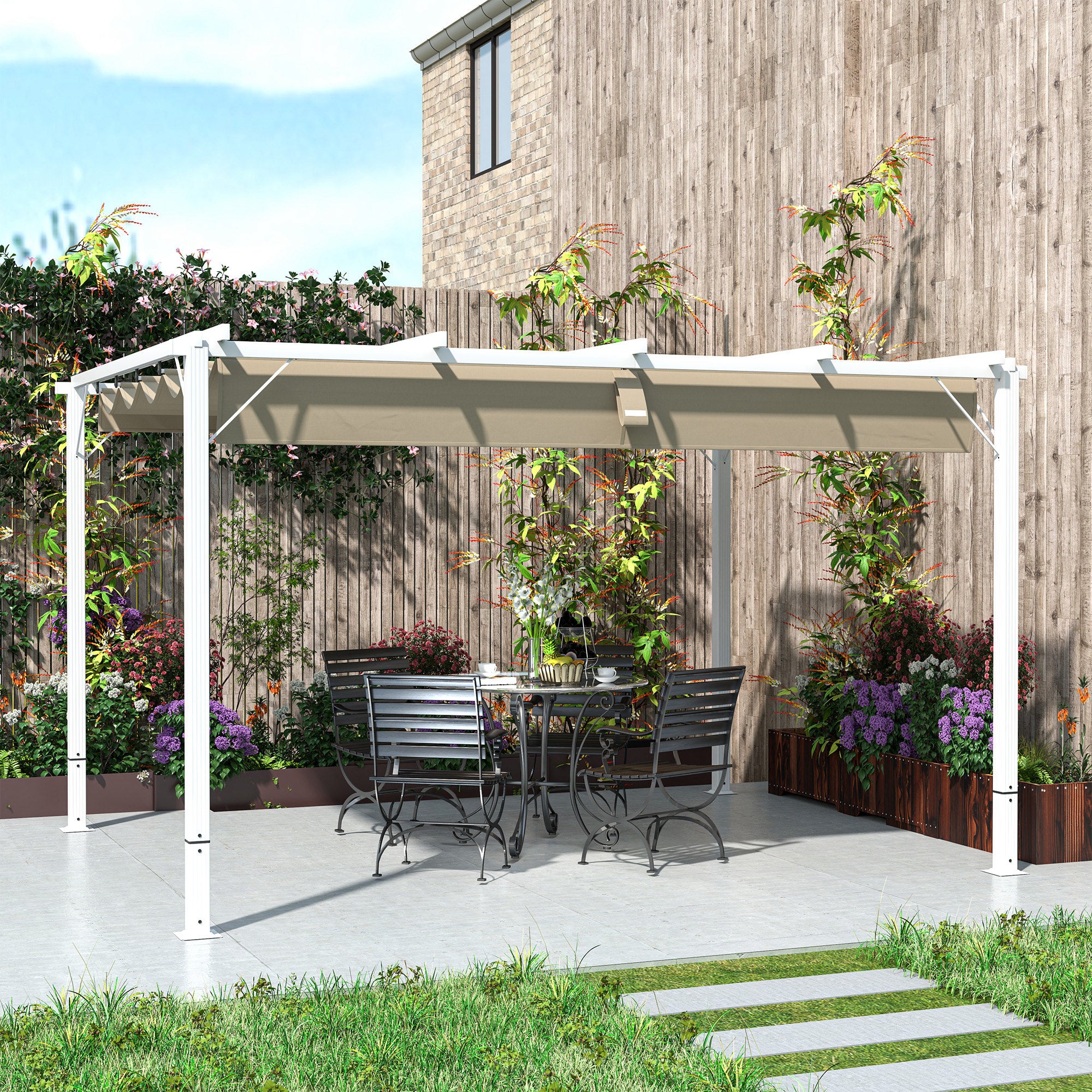 Outdoor Aluminum Garden Pergola 3 x 4m Retractable Sliding Pavilion, Garden Gazebo, High-density 180g/m² Polyester Canopy, Sun Protection UPF30+, for Patio, Yard, White