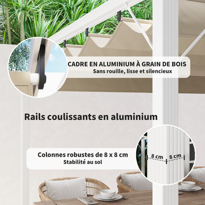 Outdoor Aluminum Garden Pergola 3 x 4m Retractable Sliding Pavilion, Garden Gazebo, High-density 180g/m² Polyester Canopy, Sun Protection UPF30+, for Patio, Yard, White