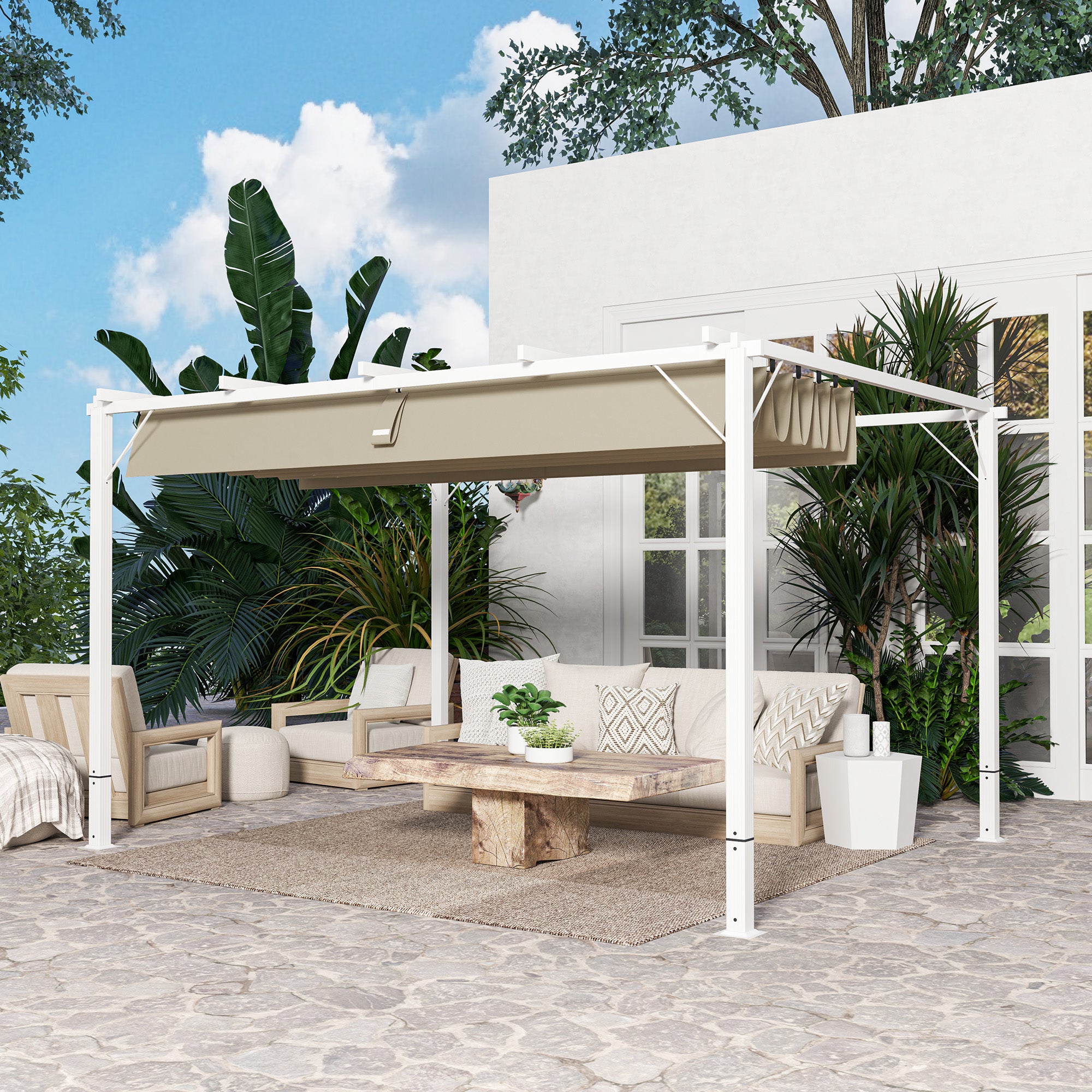 Outdoor Aluminum Garden Pergola 3 x 4m Retractable Sliding Pavilion, Garden Gazebo, High-density 180g/m² Polyester Canopy, Sun Protection UPF30+, for Patio, Yard, White