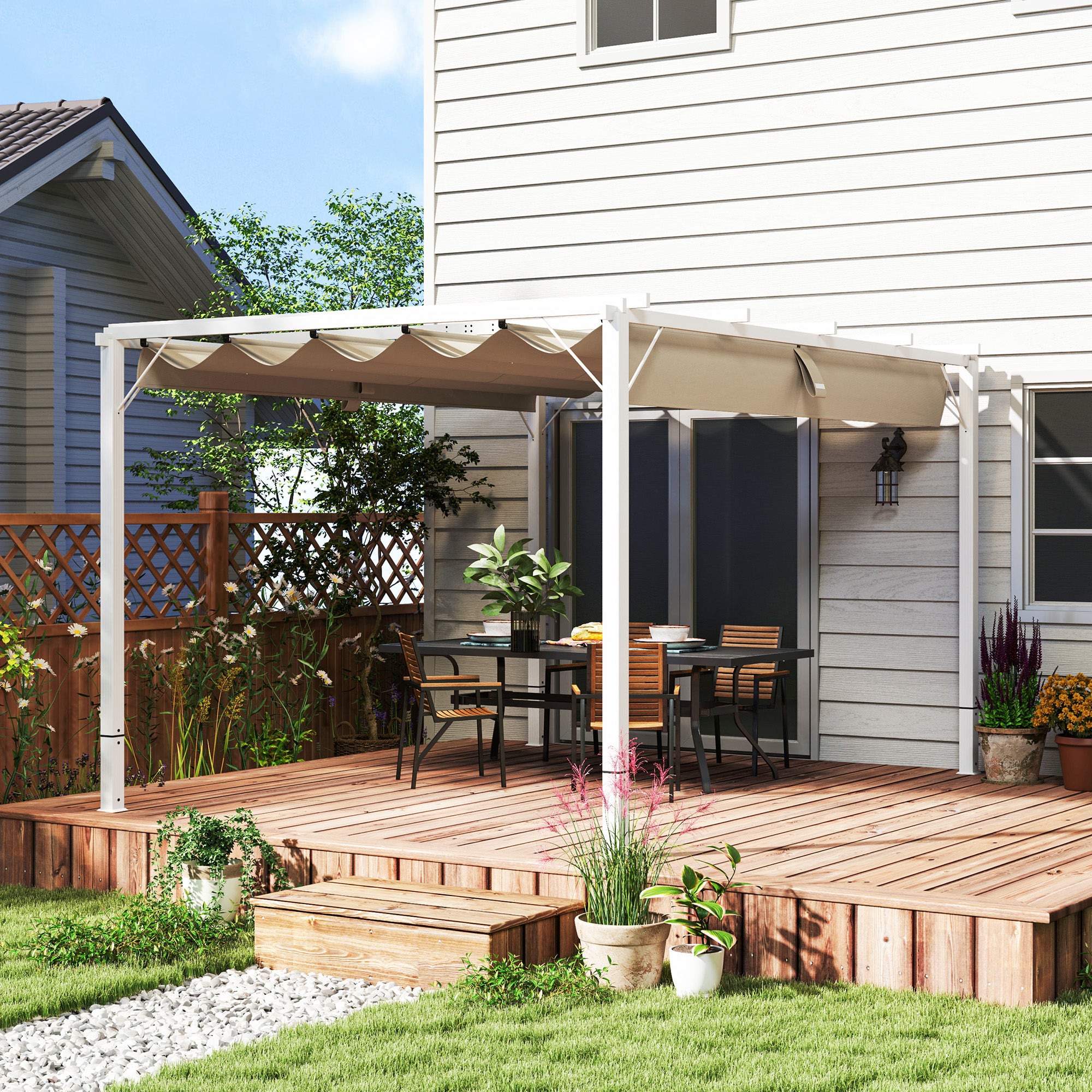Outdoor Aluminum Garden Pergola 3 x 4m Retractable Sliding Pavilion, Garden Gazebo, High-density 180g/m² Polyester Canopy, Sun Protection UPF30+, for Patio, Yard, White
