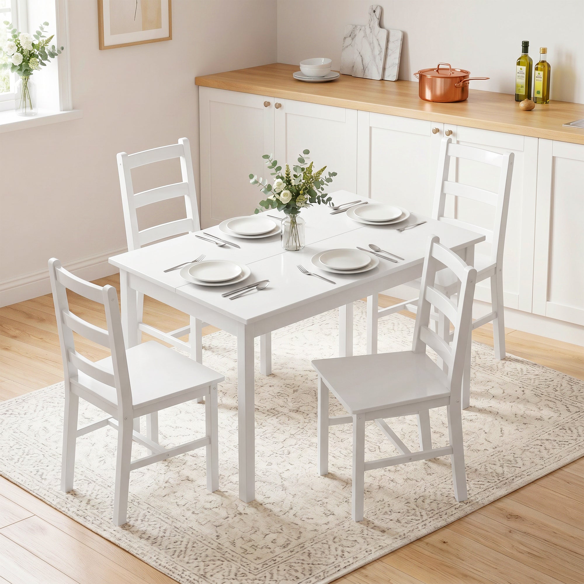 5-Piece Dining Set – Solid Pine Table & 4 Ladder-Back Chairs, White, Compact for Small Spaces