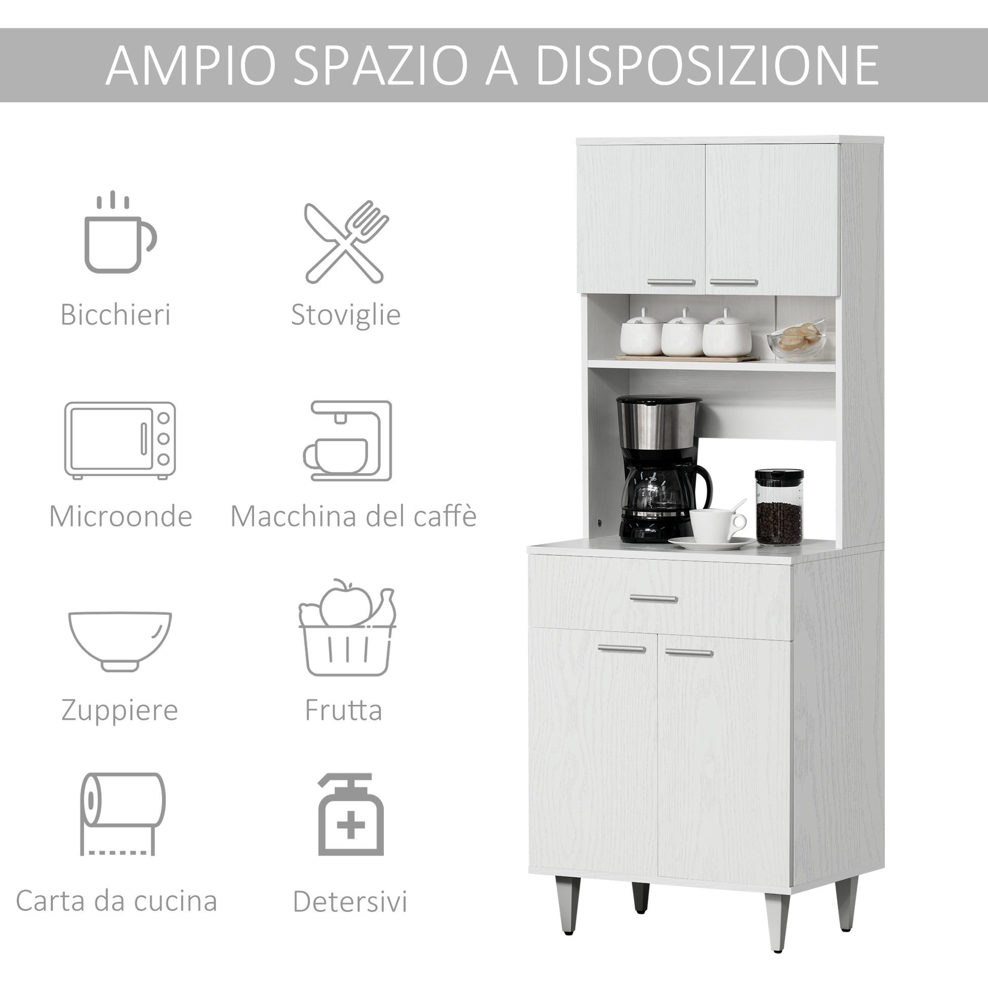Tall Kitchen Sideboard, Classic White Wooden Sideboard with 2 Cabinets and 1 Shelf, White, 60x40x160cm