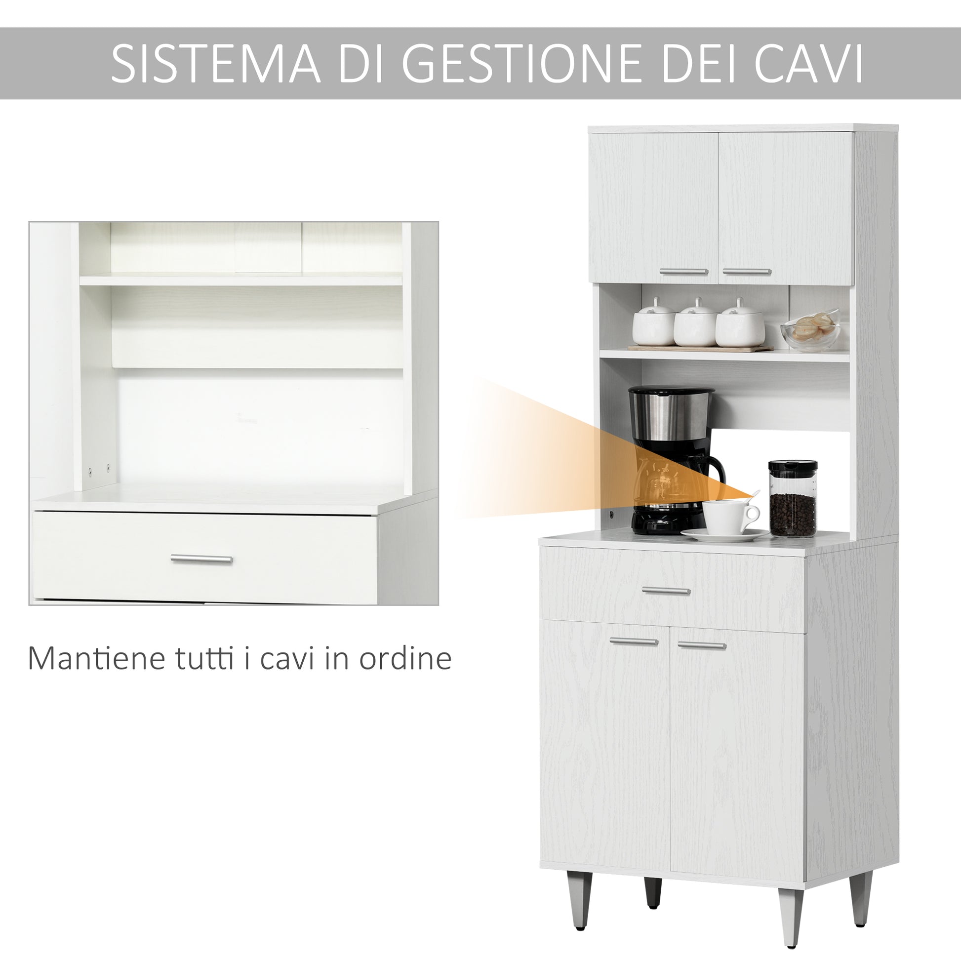 Tall Kitchen Sideboard, Classic White Wooden Sideboard with 2 Cabinets and 1 Shelf, White, 60x40x160cm