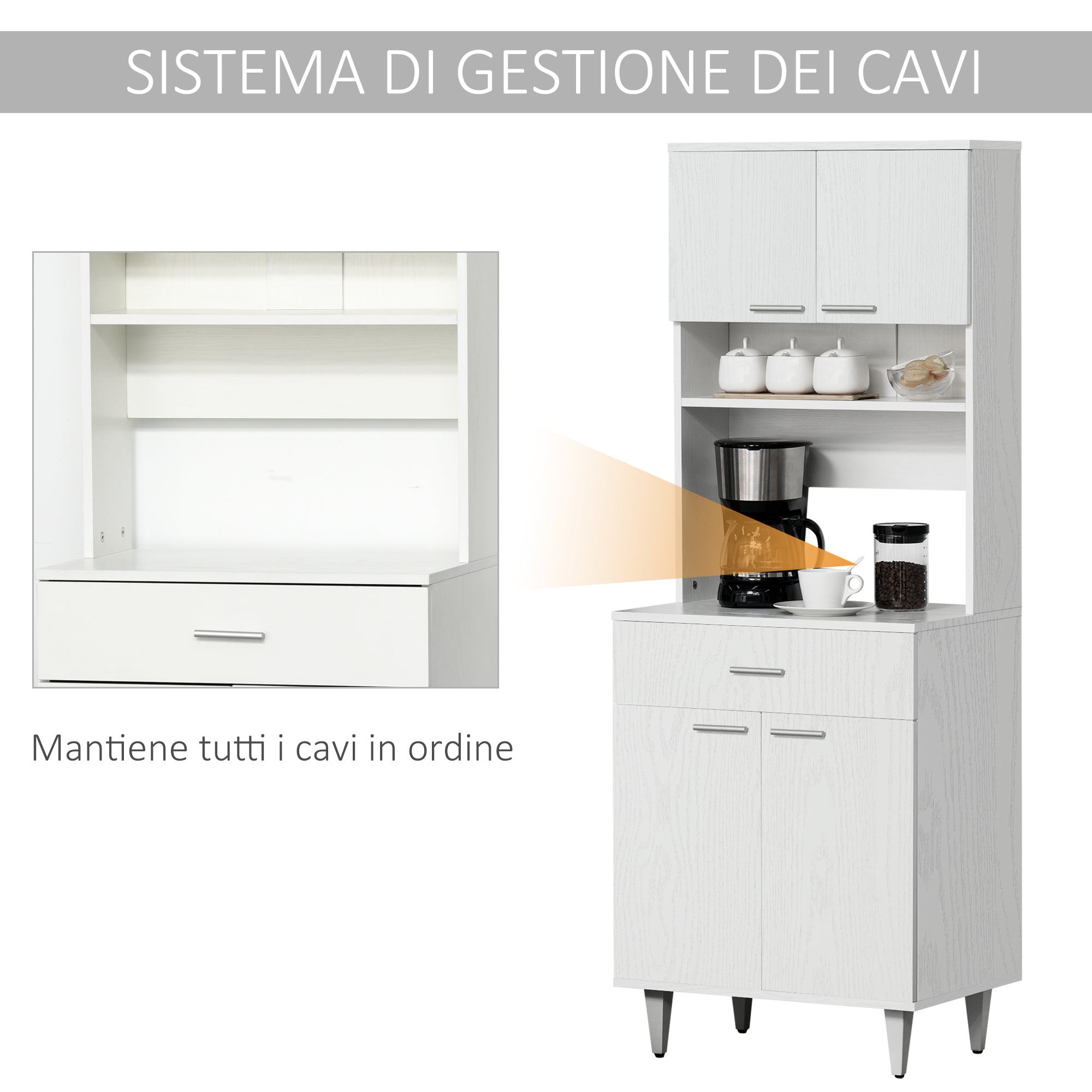 Tall Kitchen Sideboard, Classic White Wooden Sideboard with 2 Cabinets and 1 Shelf, White, 60x40x160cm