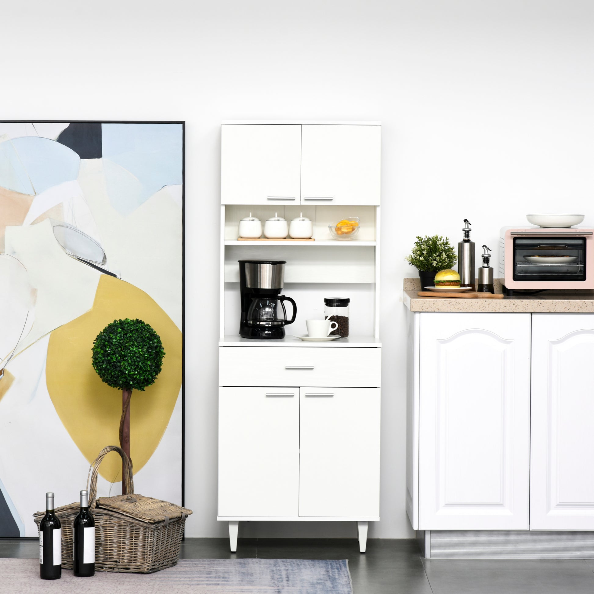 Tall Kitchen Sideboard, Classic White Wooden Sideboard with 2 Cabinets and 1 Shelf, White, 60x40x160cm