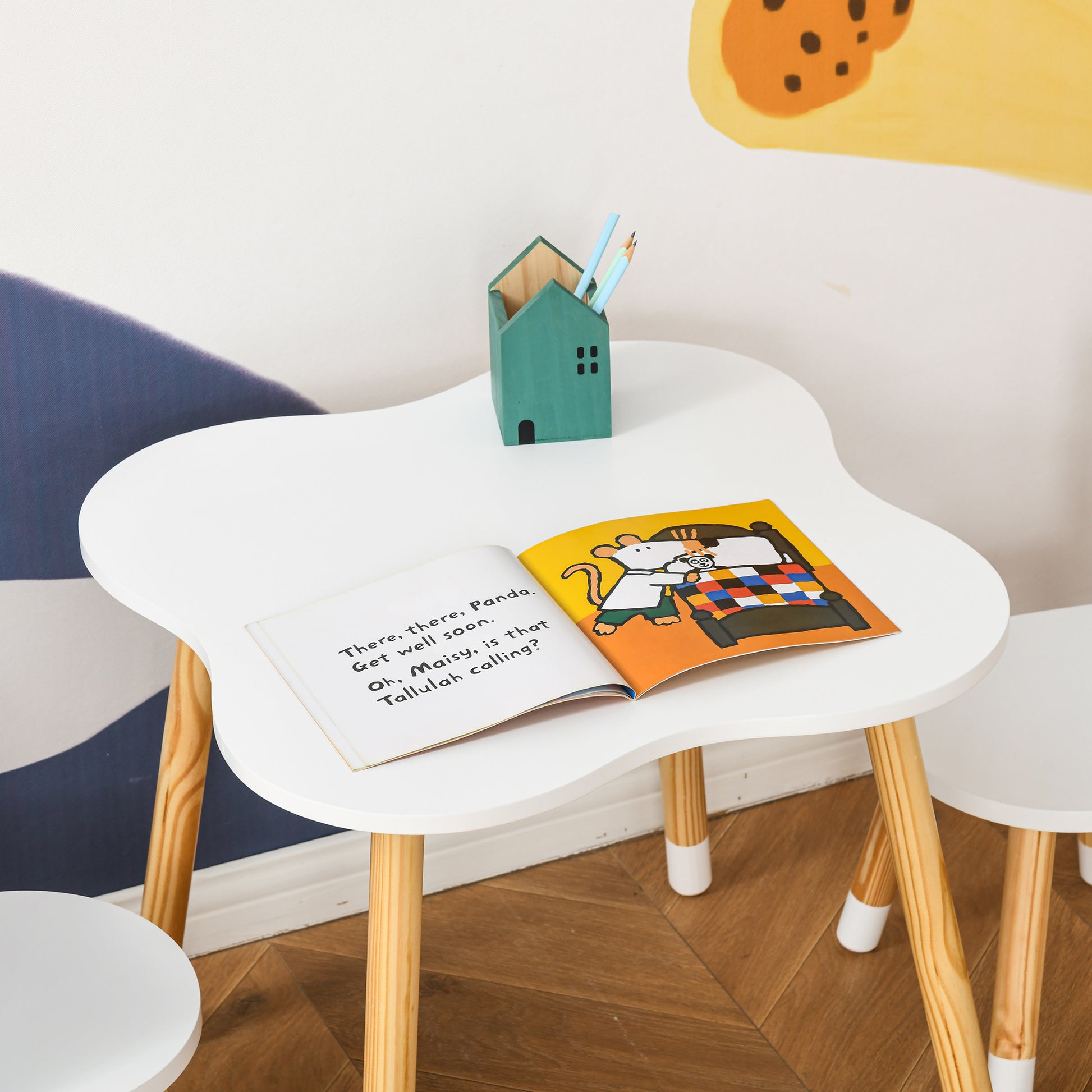 Kids Table and 2 Chairs Set Wooden Furniture for Playroom and Children's Bedroom Table 56x56x50 cm and Chairs 28x25x46 cm Natural and White