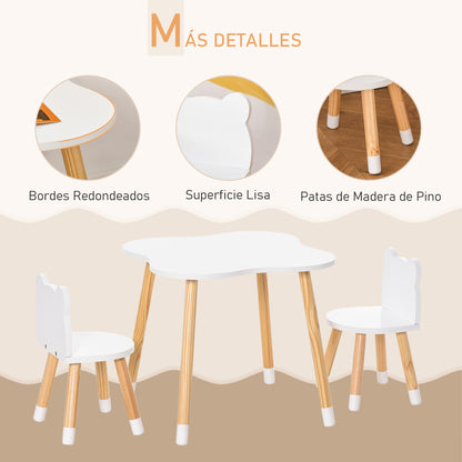 Kids Table and 2 Chairs Set Wooden Furniture for Playroom and Children's Bedroom Table 56x56x50 cm and Chairs 28x25x46 cm Natural and White