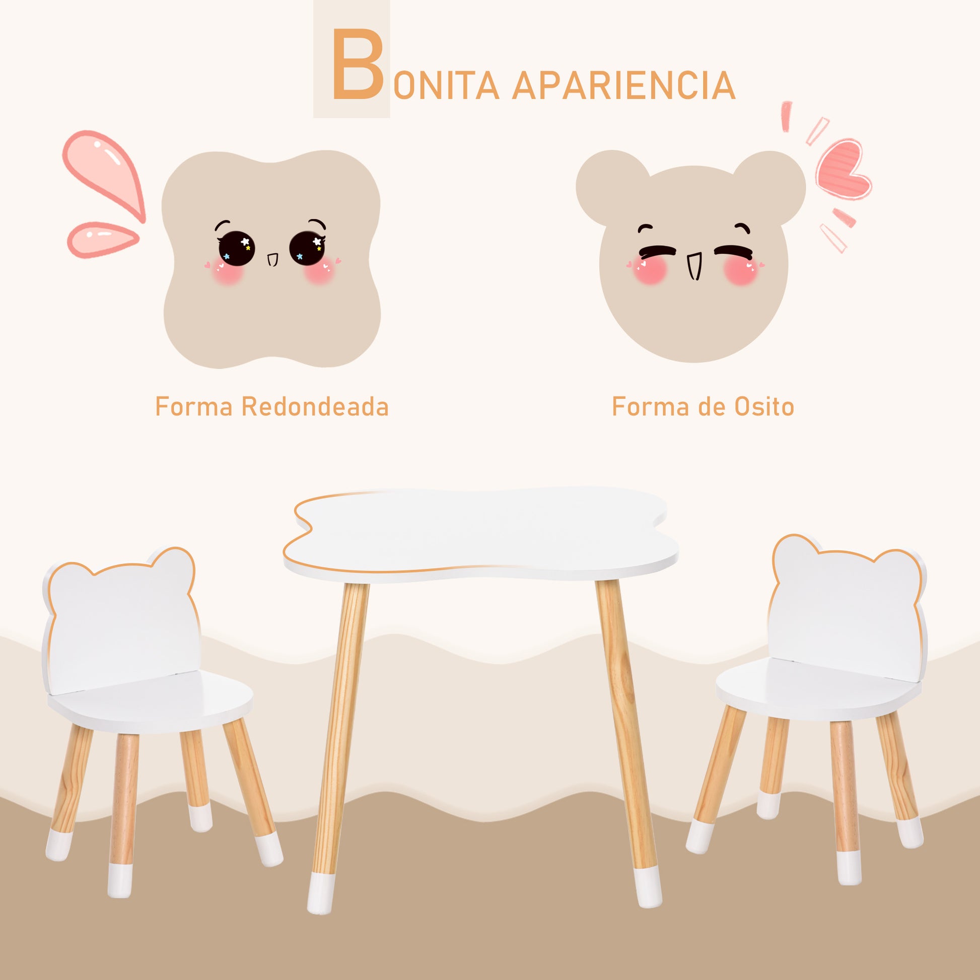 Kids Table and 2 Chairs Set Wooden Furniture for Playroom and Children's Bedroom Table 56x56x50 cm and Chairs 28x25x46 cm Natural and White