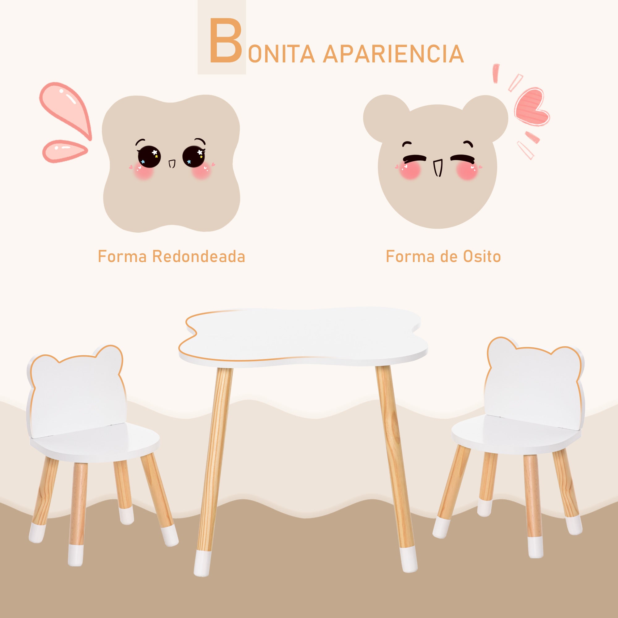 Kids Table and 2 Chairs Set Wooden Furniture for Playroom and Children's Bedroom Table 56x56x50 cm and Chairs 28x25x46 cm Natural and White