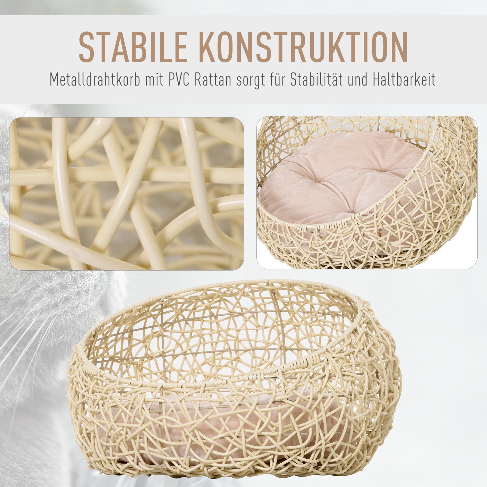 Cat Bed made of Rattan Cat Cave with Cushion Cat Basket Dog Bed Cat Resting Place Dog House Pet Bed for Cats Dogs Beige Ø56 x 35 cm