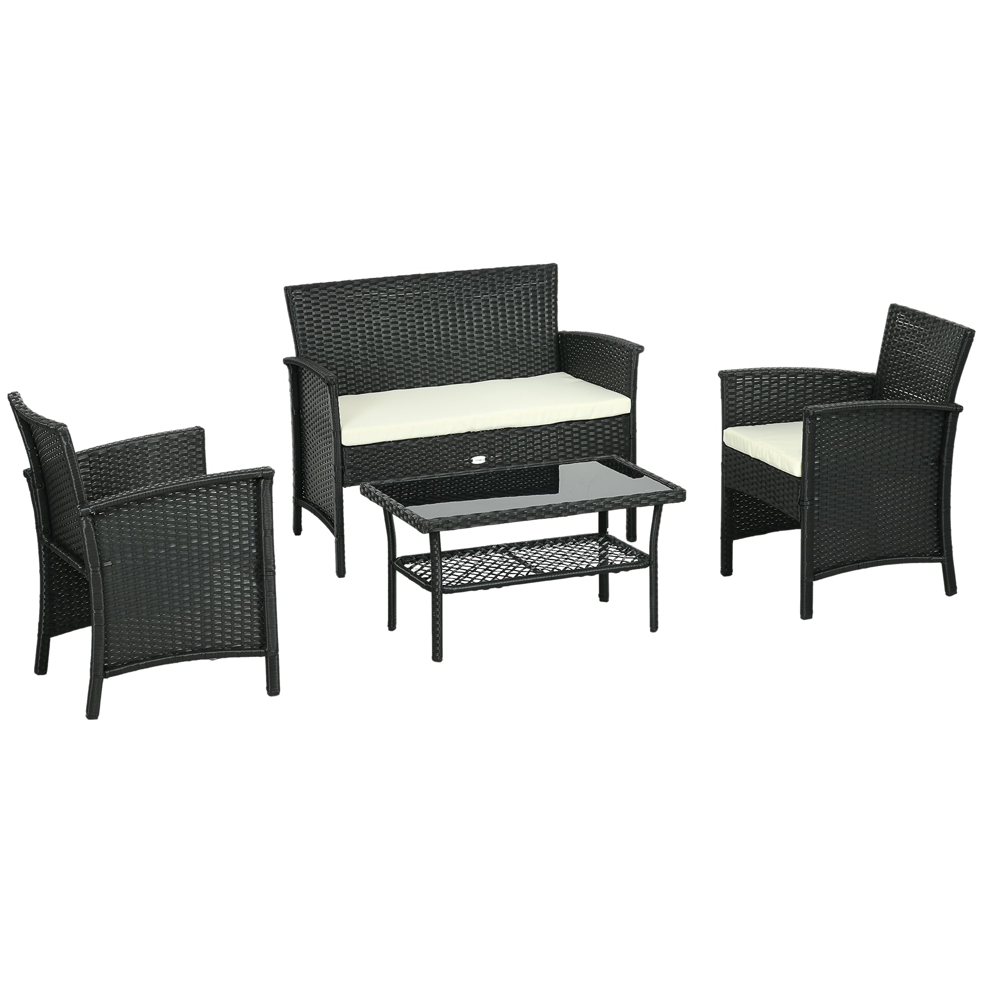 Synthetic Rattan Garden Set 4-Piece Patio Furniture with 2 Chairs, 1 Double Sofa, 1 Glass Top Center Table and UV-Resistant Cushions in Black and Cream