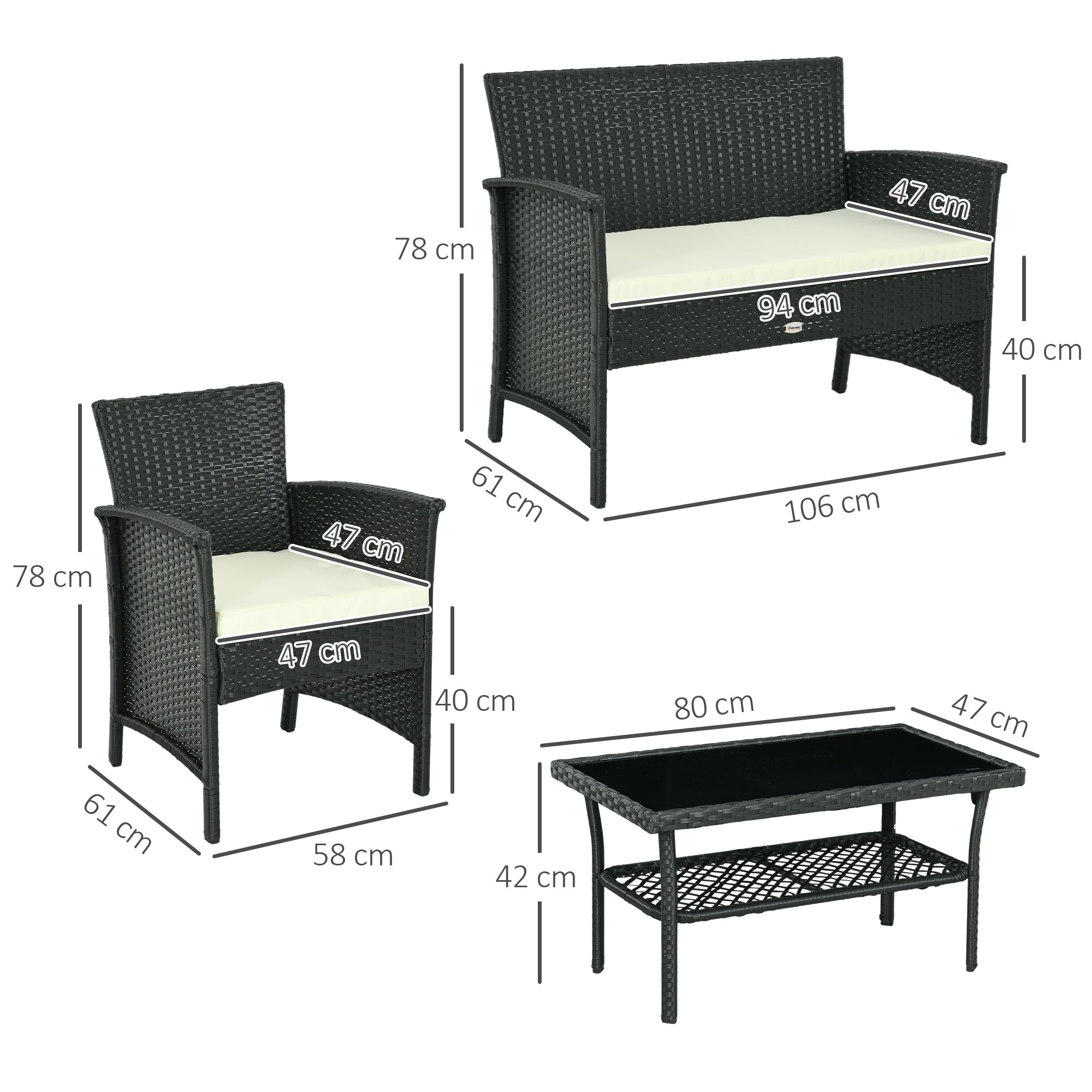 Synthetic Rattan Garden Set 4-Piece Patio Furniture with 2 Chairs, 1 Double Sofa, 1 Glass Top Center Table and UV-Resistant Cushions in Black and Cream