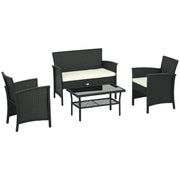 Synthetic Rattan Garden Set 4-Piece Patio Furniture with 2 Chairs, 1 Double Sofa, 1 Glass Top Center Table and UV-Resistant Cushions in Black and Cream