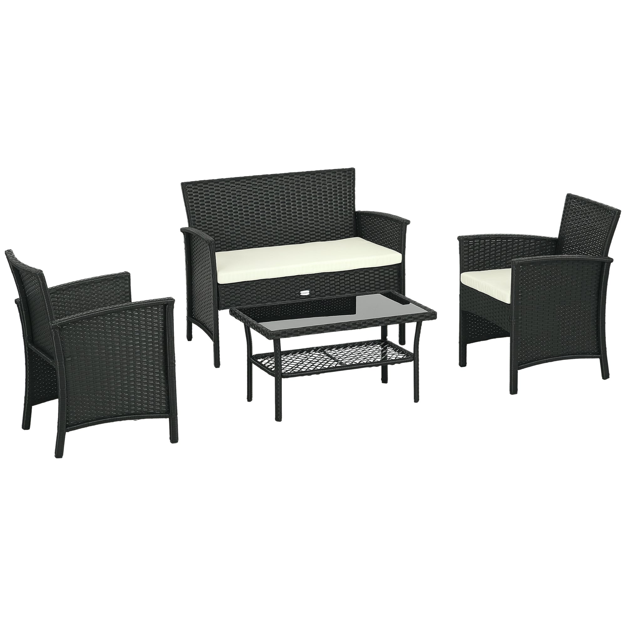 Synthetic Rattan Garden Set 4-Piece Patio Furniture with 2 Chairs, 1 Double Sofa, 1 Glass Top Center Table and UV-Resistant Cushions in Black and Cream