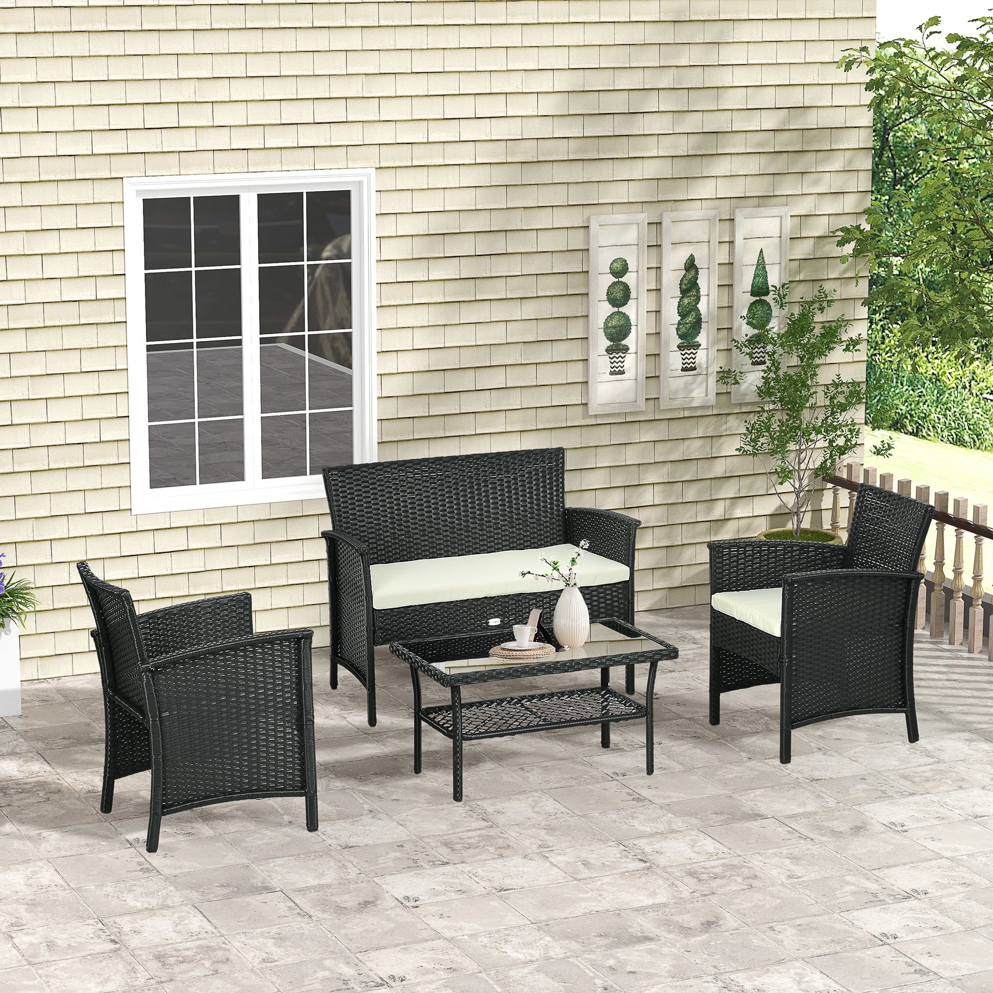 Synthetic Rattan Garden Set 4-Piece Patio Furniture with 2 Chairs, 1 Double Sofa, 1 Glass Top Center Table and UV-Resistant Cushions in Black and Cream
