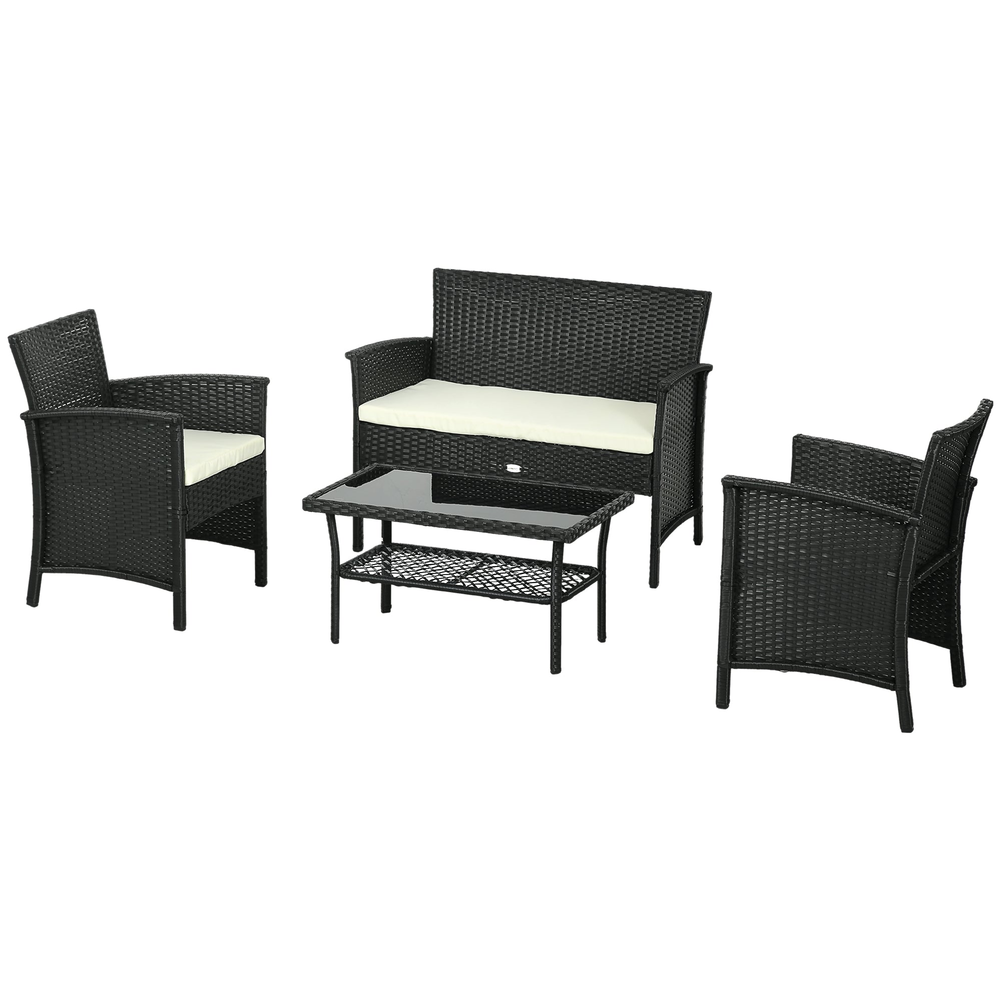 Synthetic Rattan Garden Set 4-Piece Patio Furniture with 2 Chairs, 1 Double Sofa, 1 Glass Top Center Table and UV-Resistant Cushions in Black and Cream
