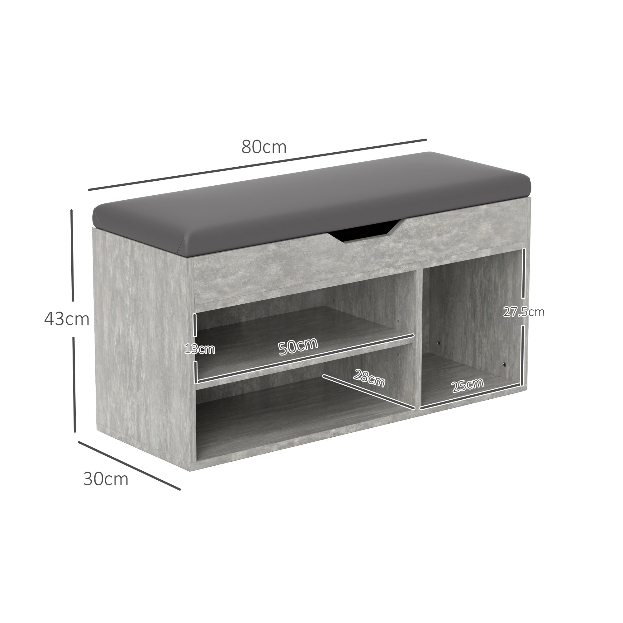 Padded Entryway Space-saving Shoe Rack, Entryway Furniture with Shoe Rack, with 3 Compartments, PU Leather Seat, for Living Room and Hallway, 80x30x43 cm, Black and Gray