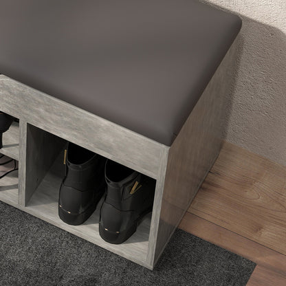 Padded Entryway Space-saving Shoe Rack, Entryway Furniture with Shoe Rack, with 3 Compartments, PU Leather Seat, for Living Room and Hallway, 80x30x43 cm, Black and Gray