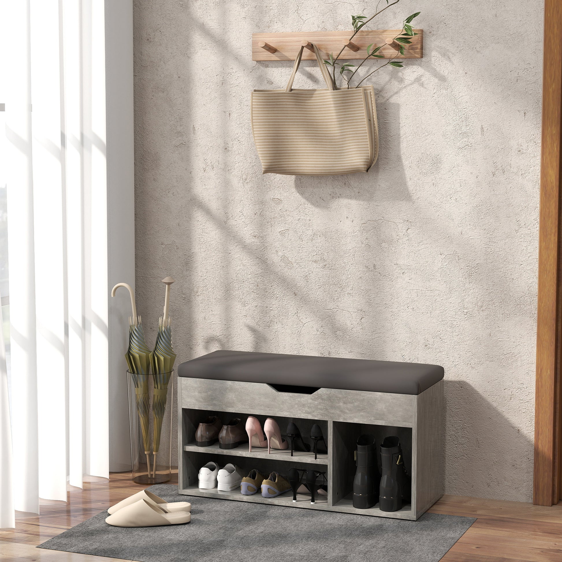 Padded Entryway Space-saving Shoe Rack, Entryway Furniture with Shoe Rack, with 3 Compartments, PU Leather Seat, for Living Room and Hallway, 80x30x43 cm, Black and Gray