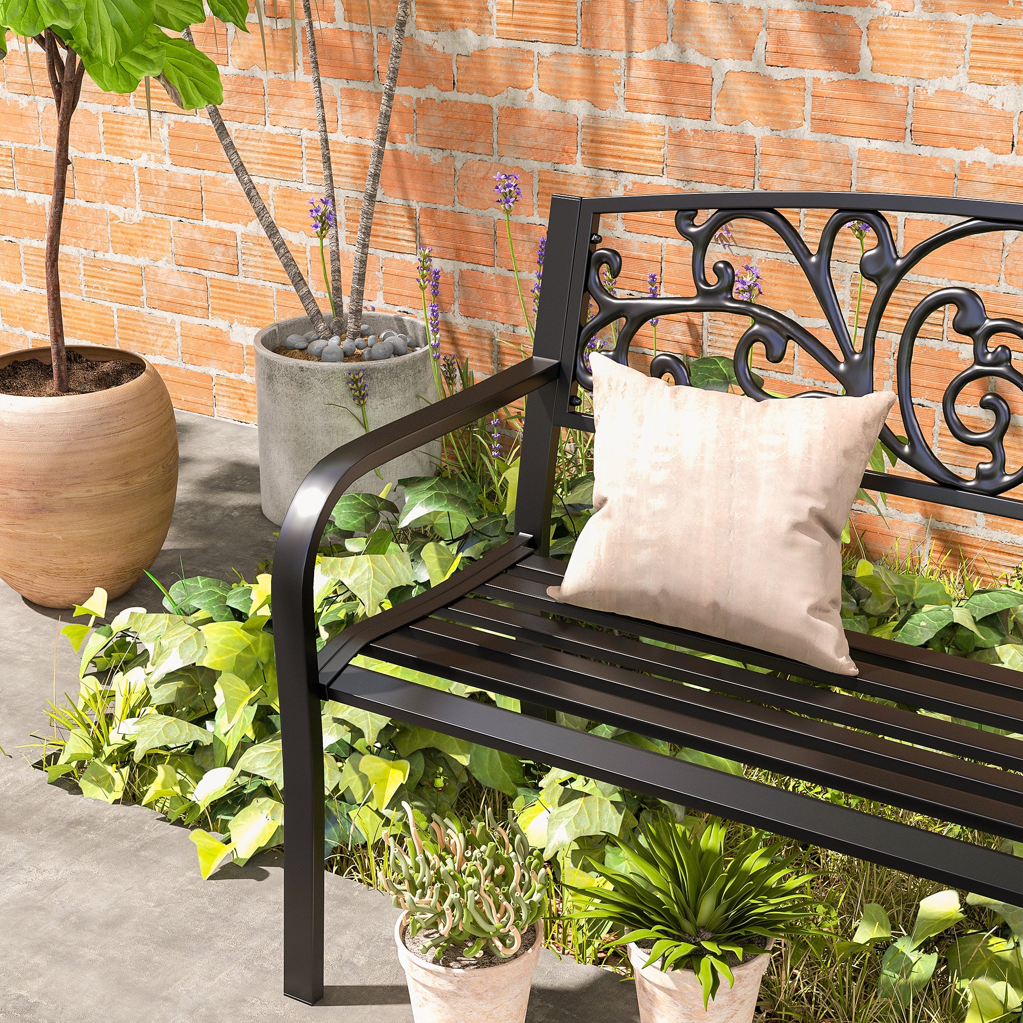Metal Garden Bench, Park Bench with Backrest, Armrest, Weatherproof Bench, 2 Seater Balcony Bench, Supports up to 250 kg for Balcony, Terrace, Black