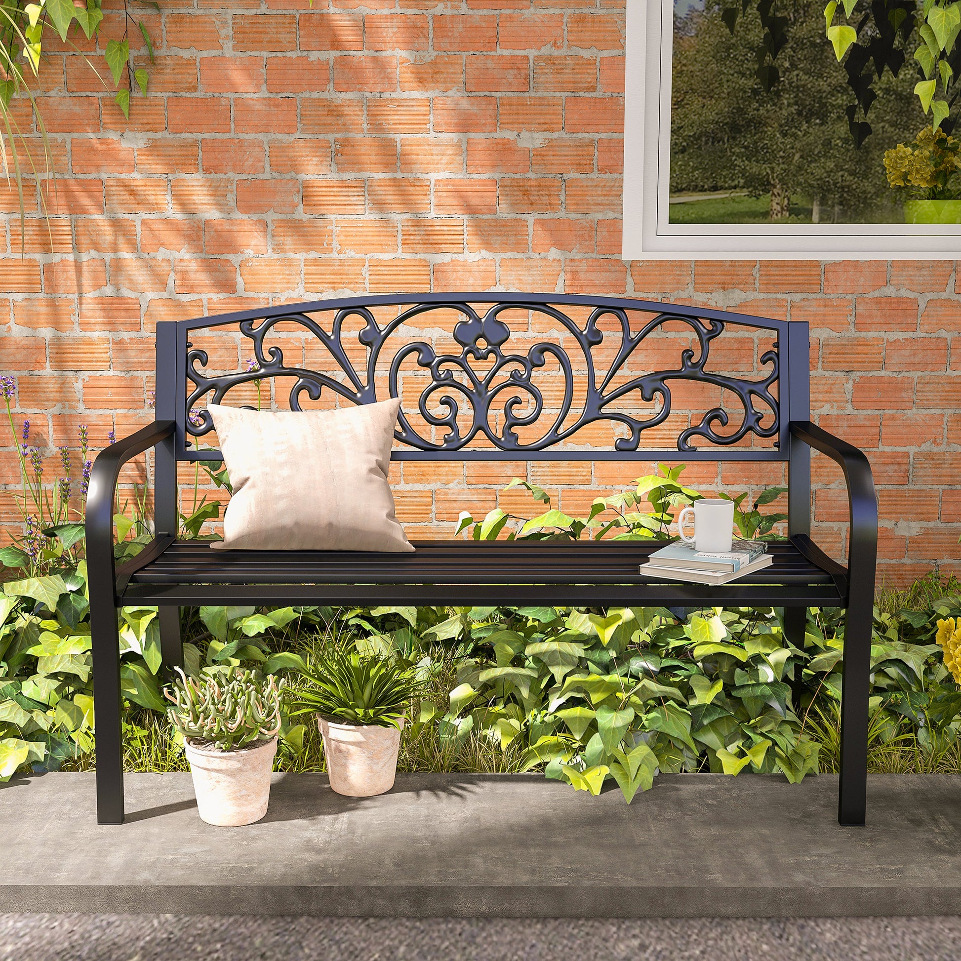 Metal Garden Bench, Park Bench with Backrest, Armrest, Weatherproof Bench, 2 Seater Balcony Bench, Supports up to 250 kg for Balcony, Terrace, Black