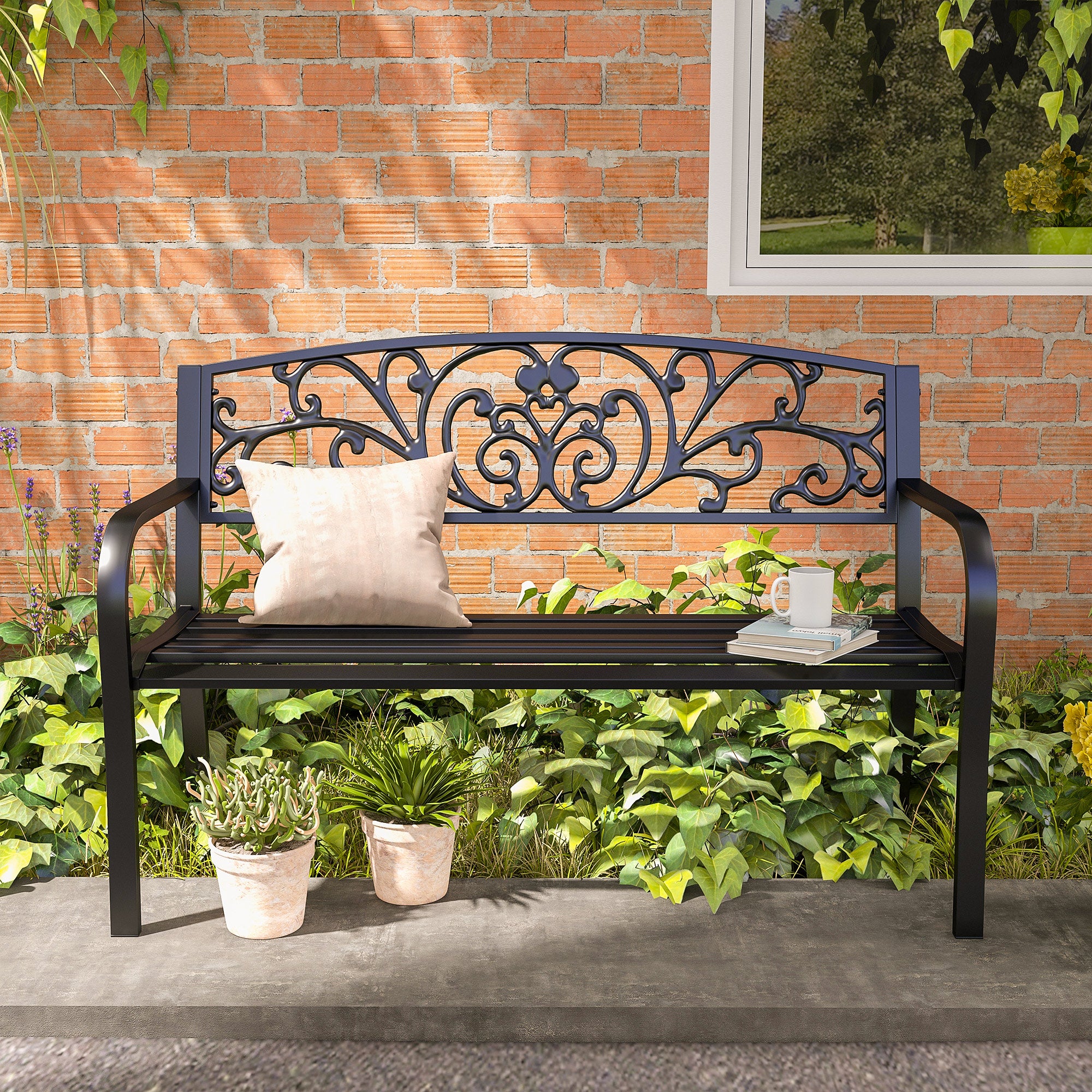 Metal Garden Bench, Park Bench with Backrest, Armrest, Weatherproof Bench, 2 Seater Balcony Bench, Supports up to 250 kg for Balcony, Terrace, Black